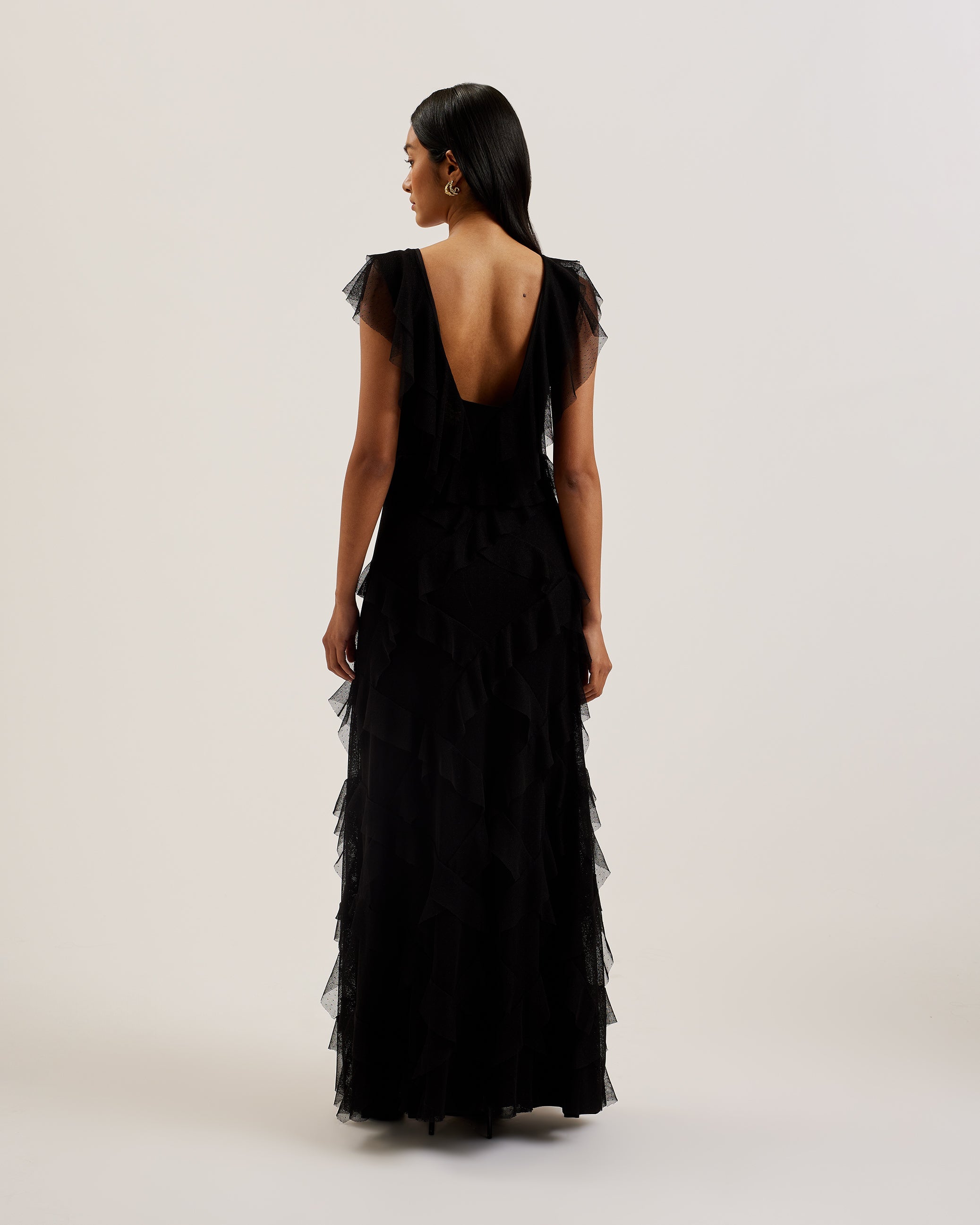 Nikaa Mesh Ruffle Plunge Maxi Dress Black