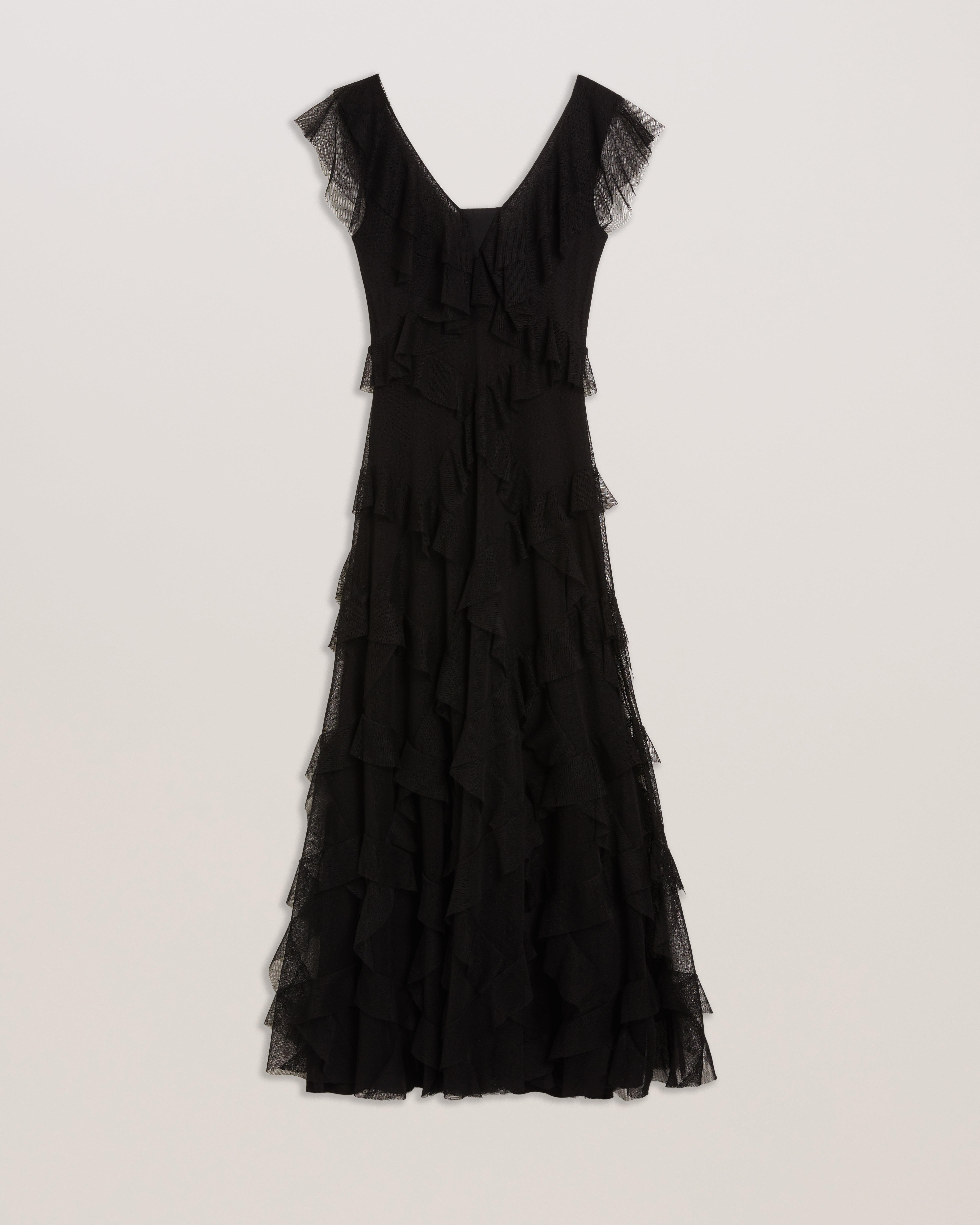 Nikaa Mesh Ruffle Plunge Maxi Dress Black