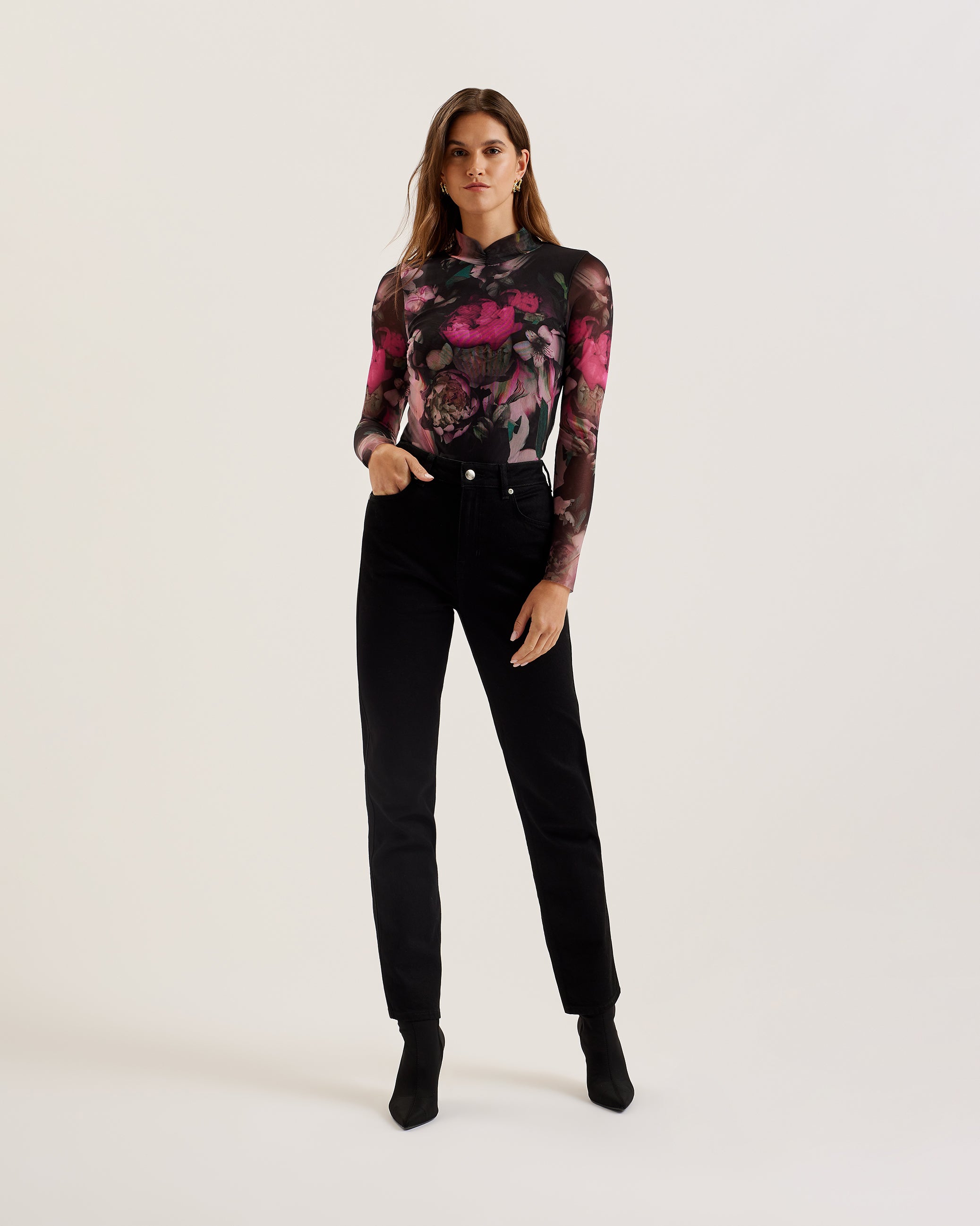 Lisanna Printed Long Sleeve High Neck Mesh Black