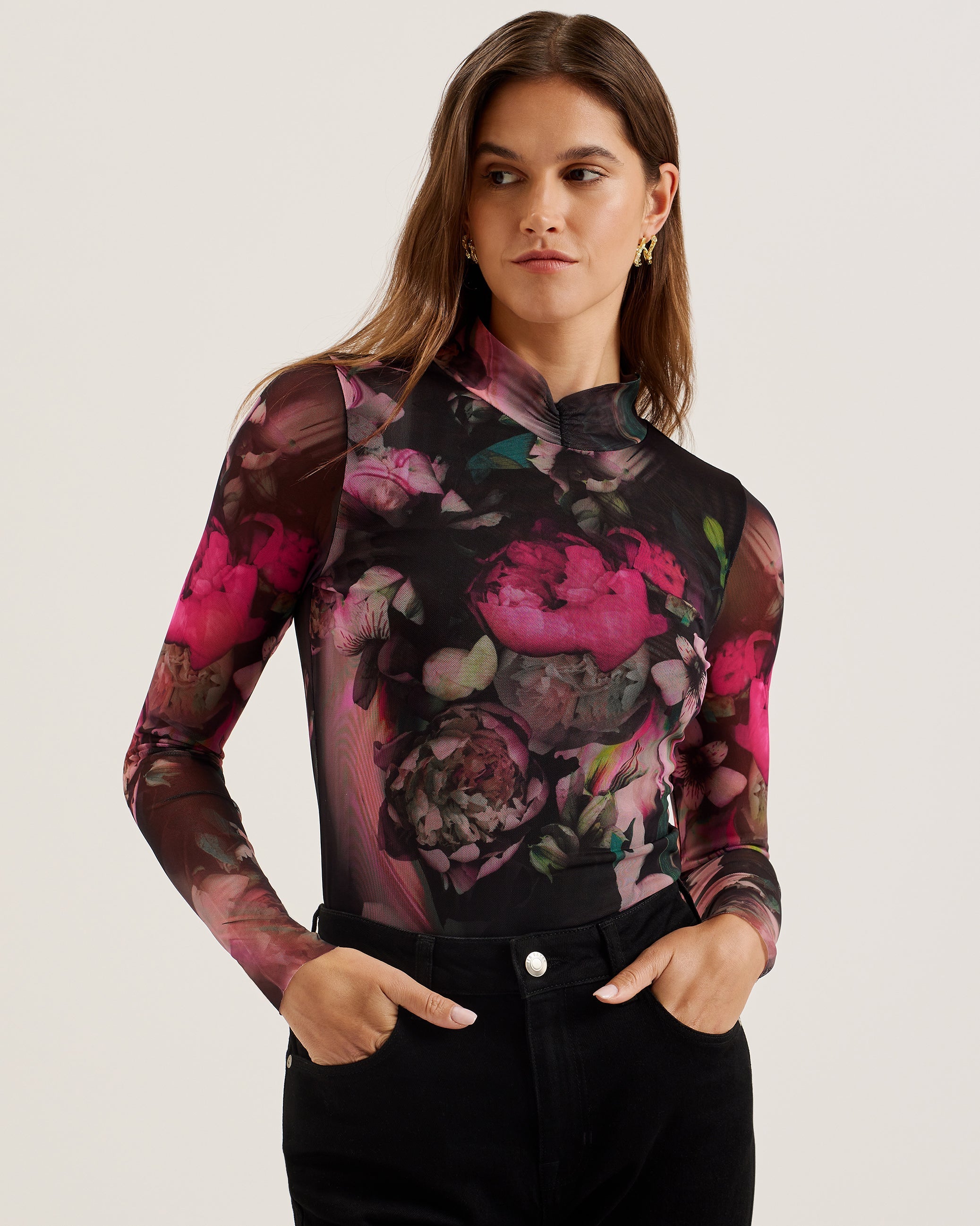 Lisanna Printed Long Sleeve High Neck Mesh Black