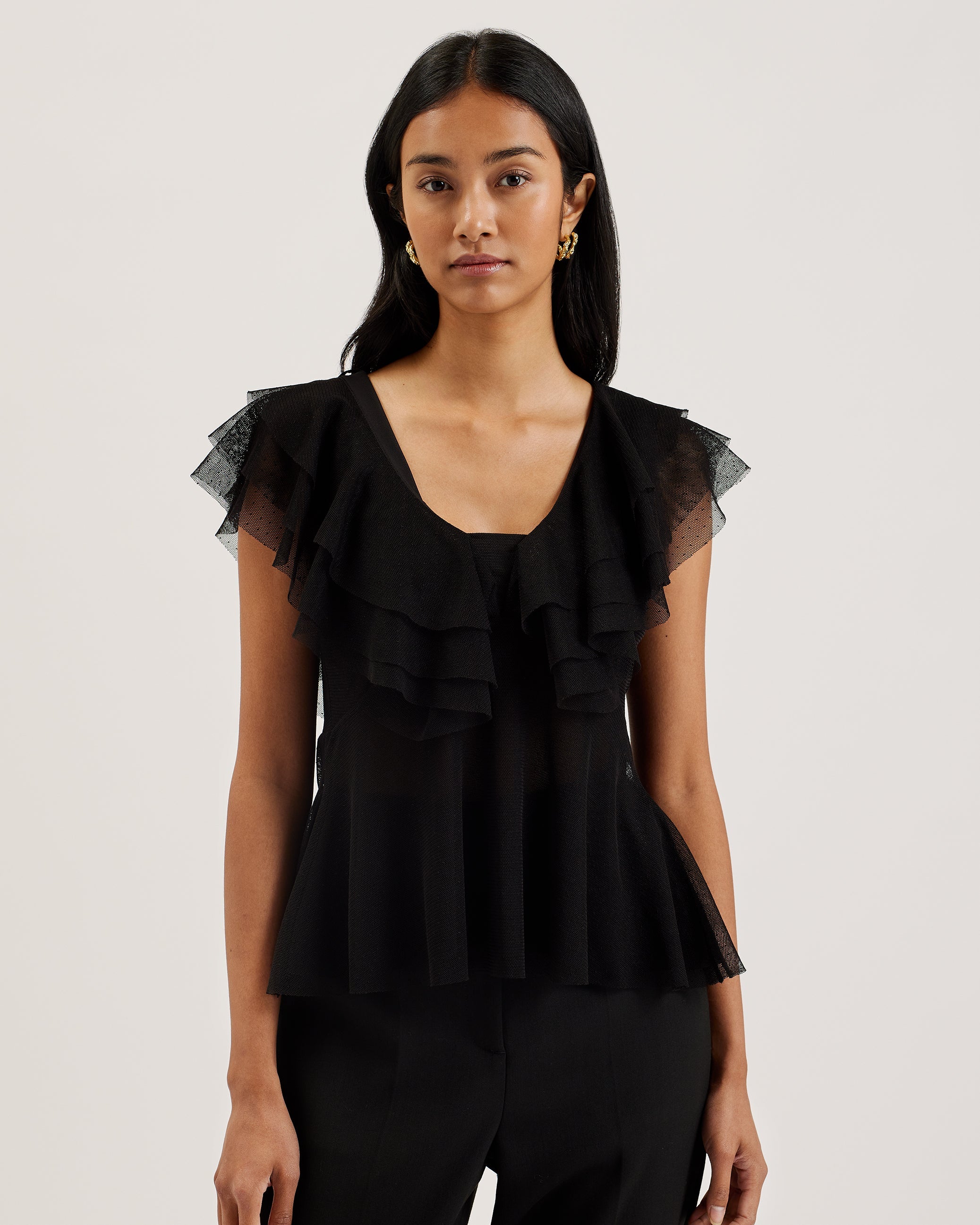 Genaven Waterfall Ruffle Plunge Neck Top Black