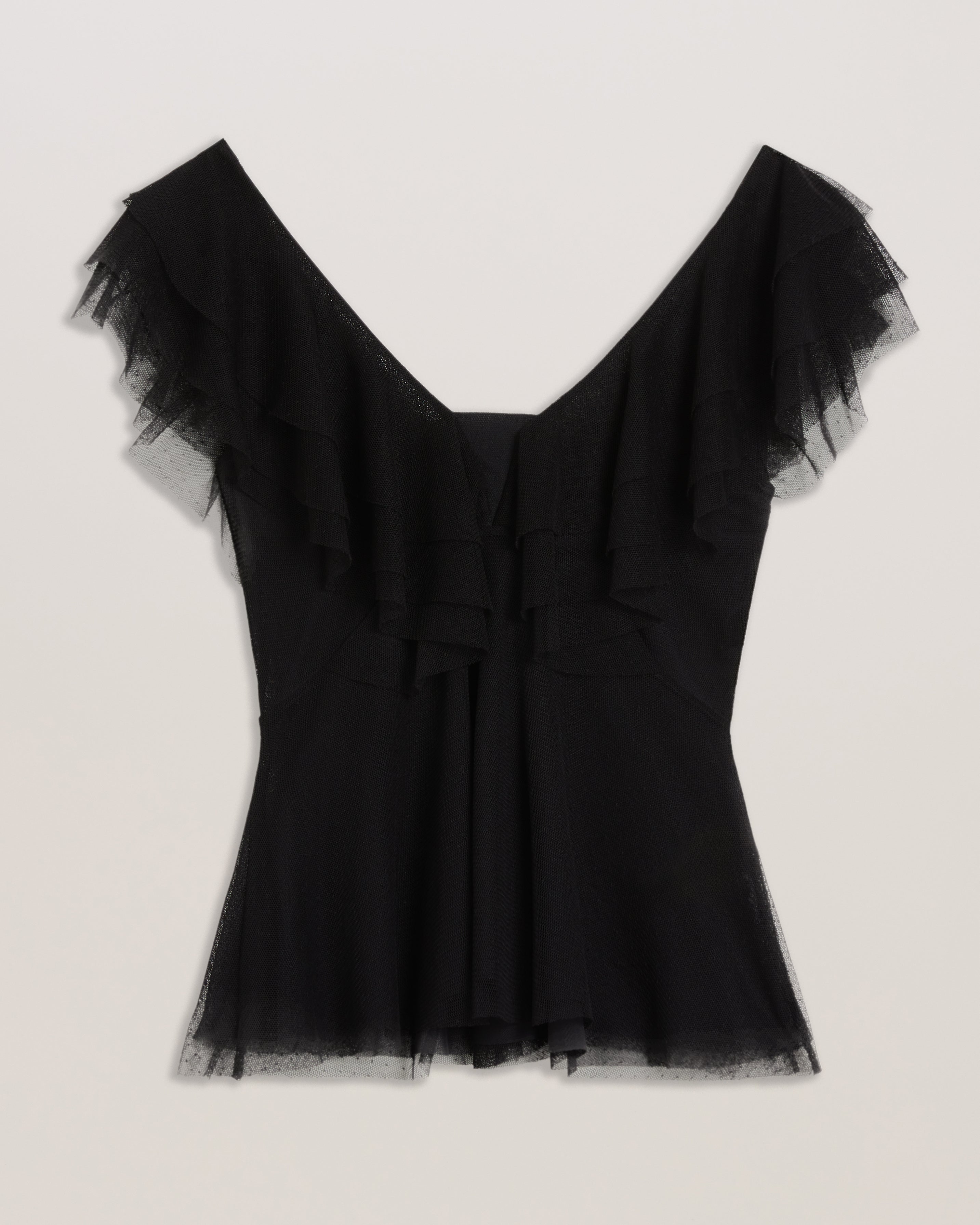 Genaven Waterfall Ruffle Plunge Neck Top Black