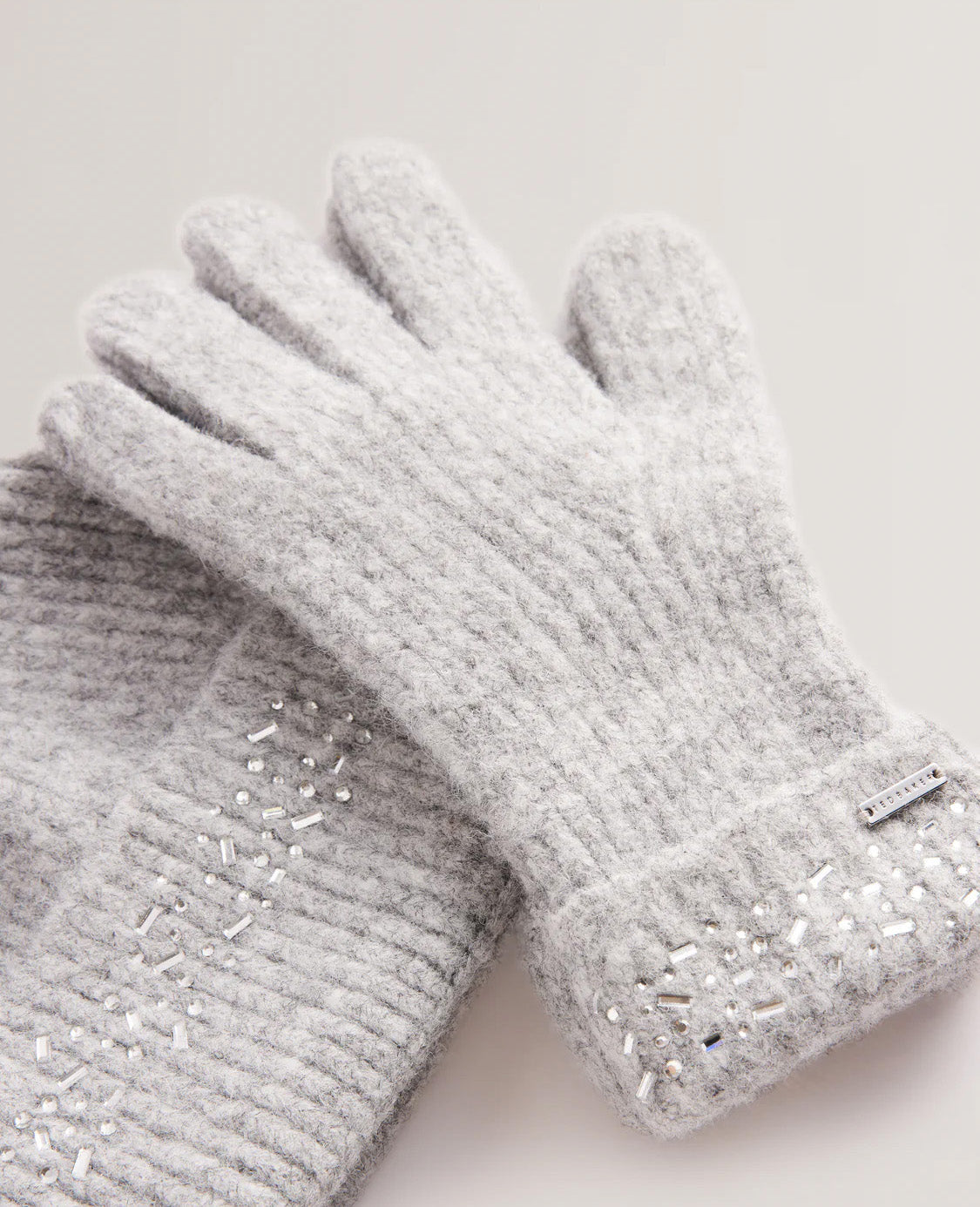 Keriis Rhinestone Knitted Hat And Gloves Set Grey