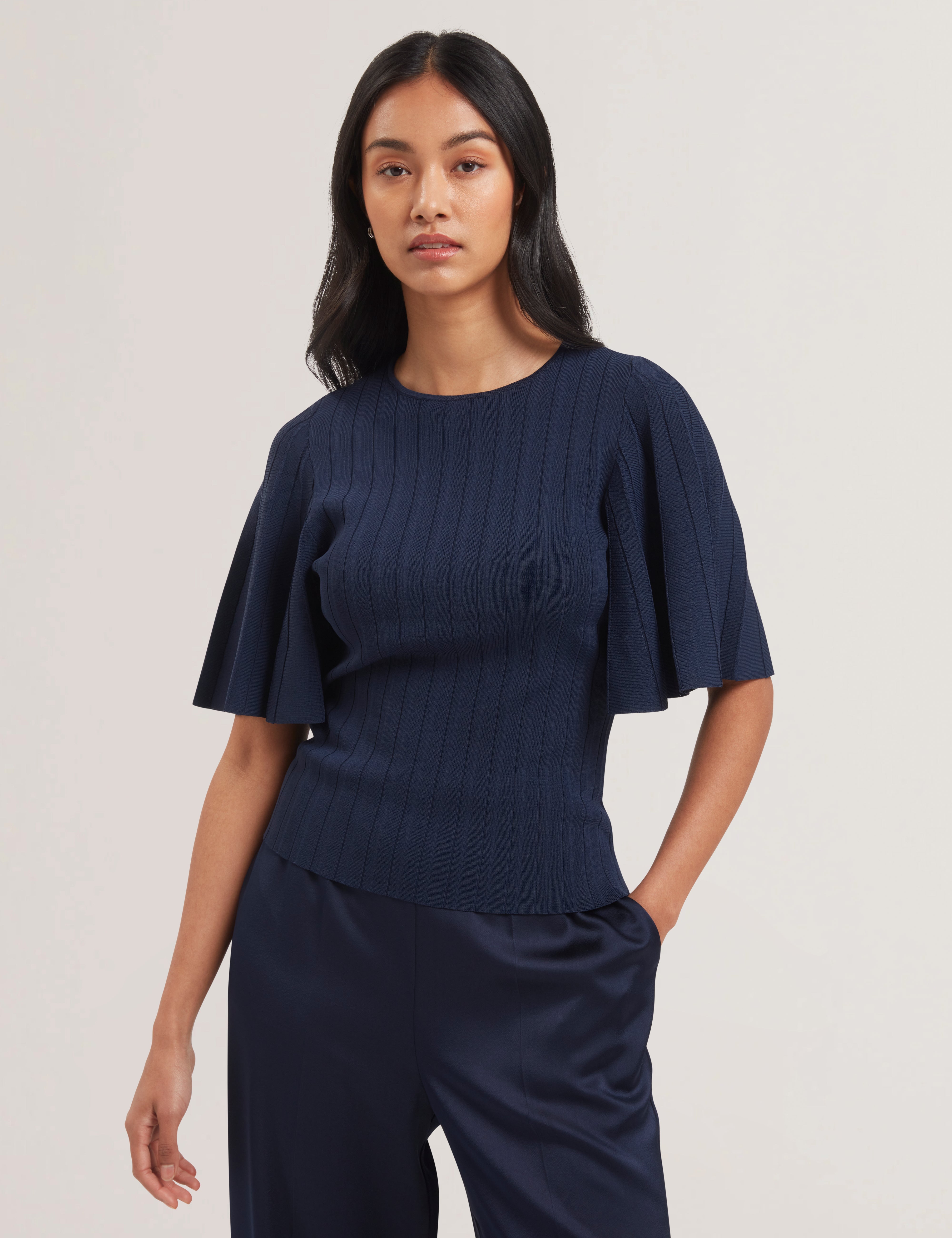 Iivanna Crew Neck Fluted Sleeve Knit Top Navy