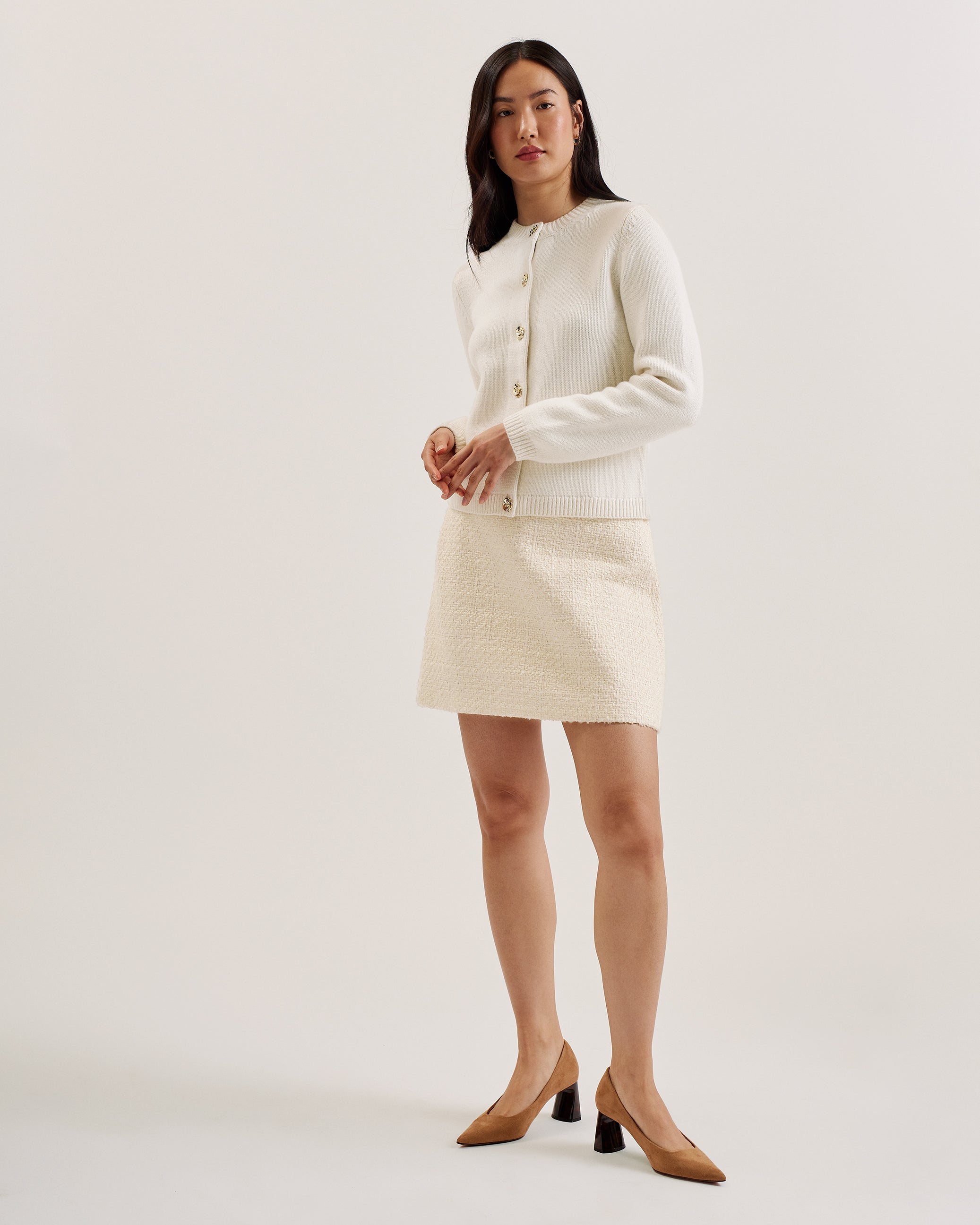 Komas Rose Button Boucle Tailored Mini Skirt Ivory