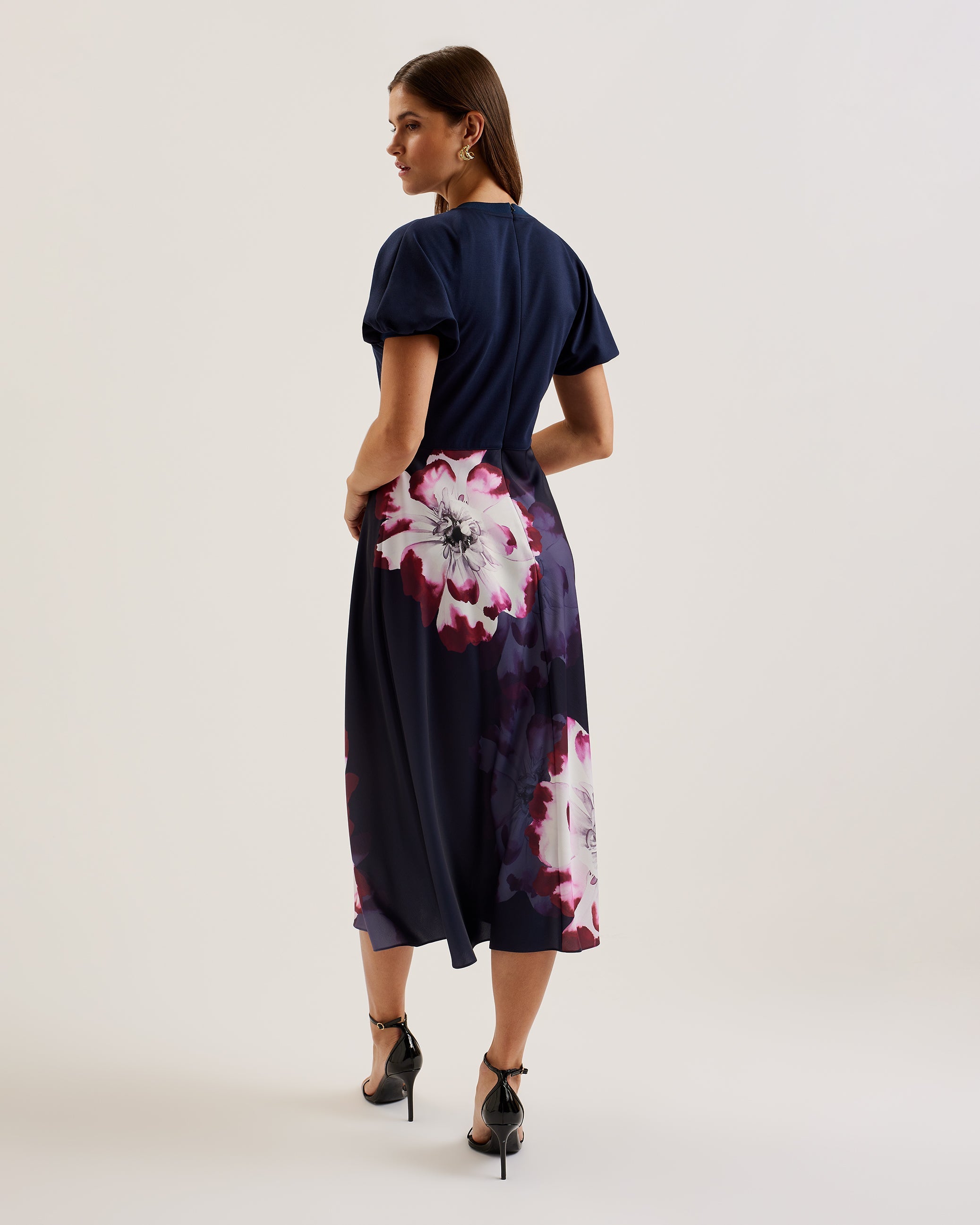 Mitzic Ponte Bodice Printed Satin Skirt Midi Dress Navy