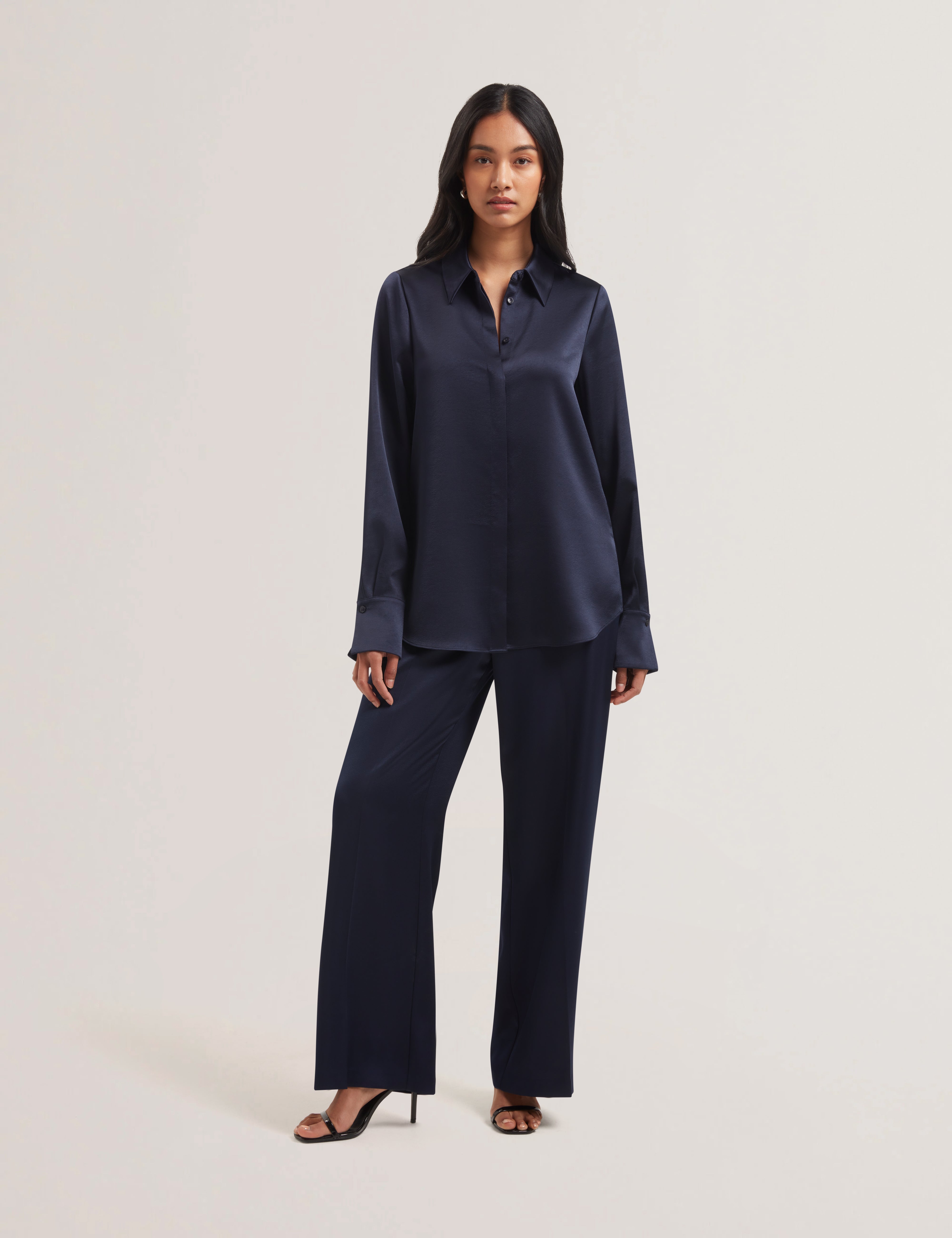 Sonora Long Line Satin Shirt Navy