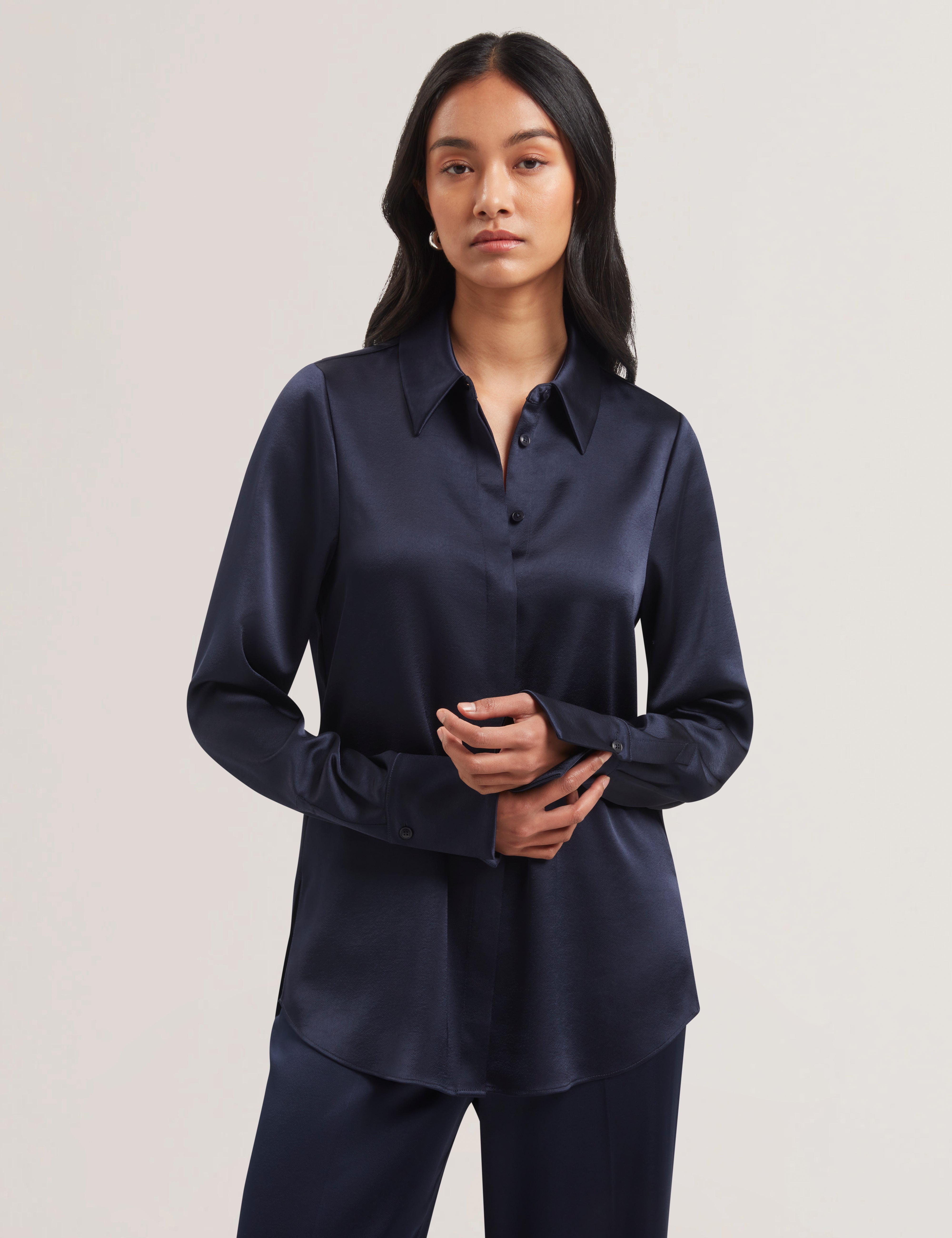 Sonora Long Line Satin Shirt Navy