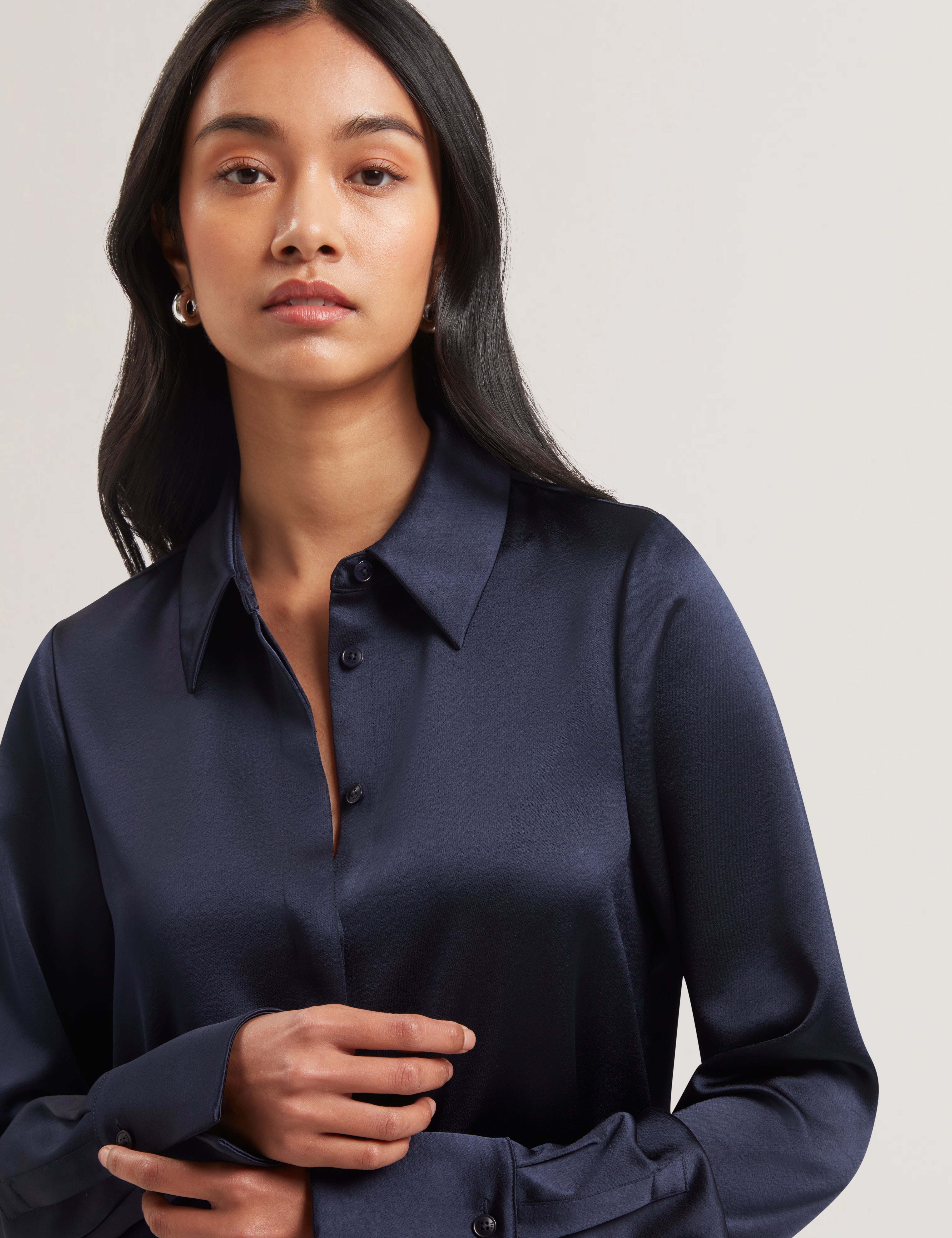 Sonora Long Line Satin Shirt Navy