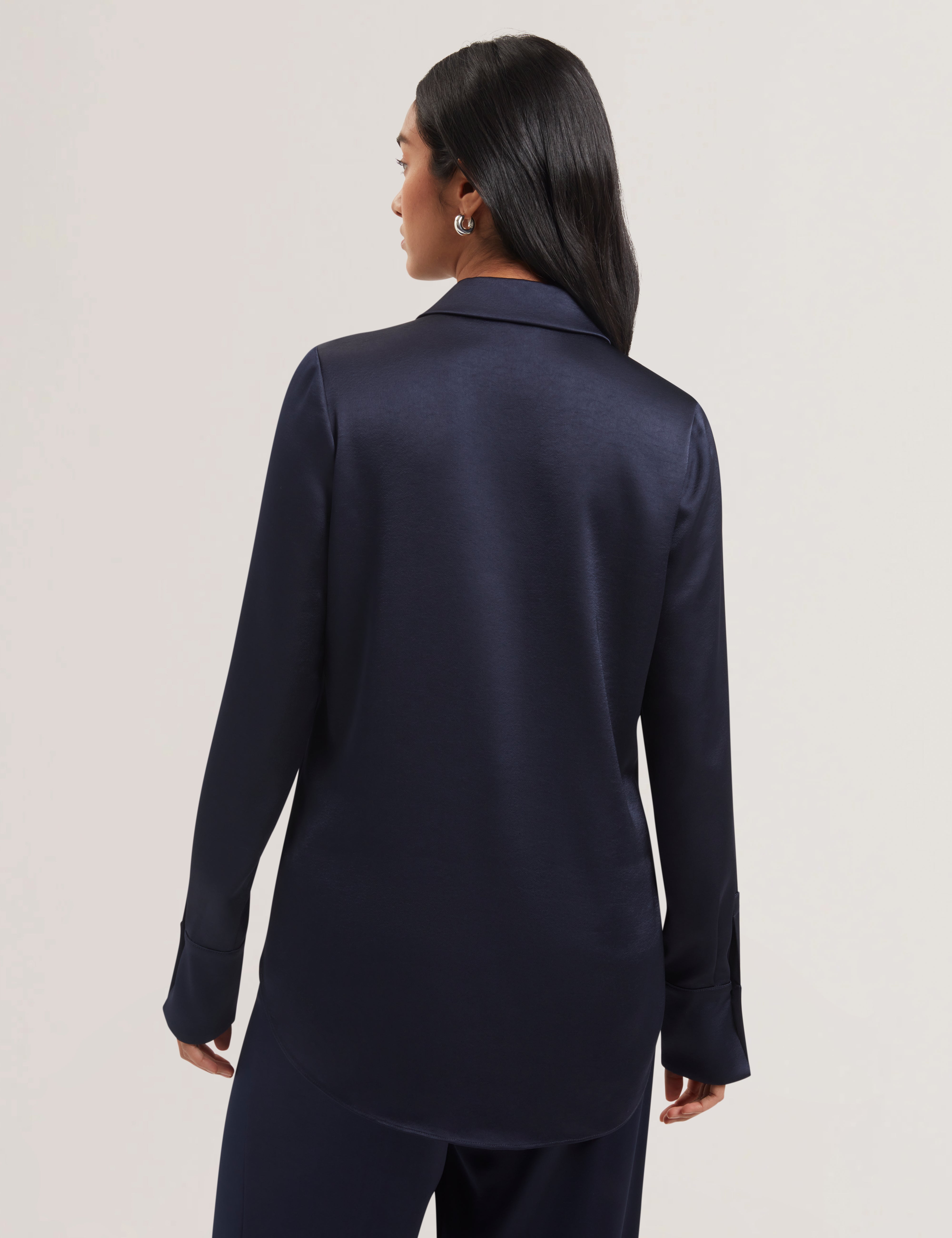 Sonora Long Line Satin Shirt Navy