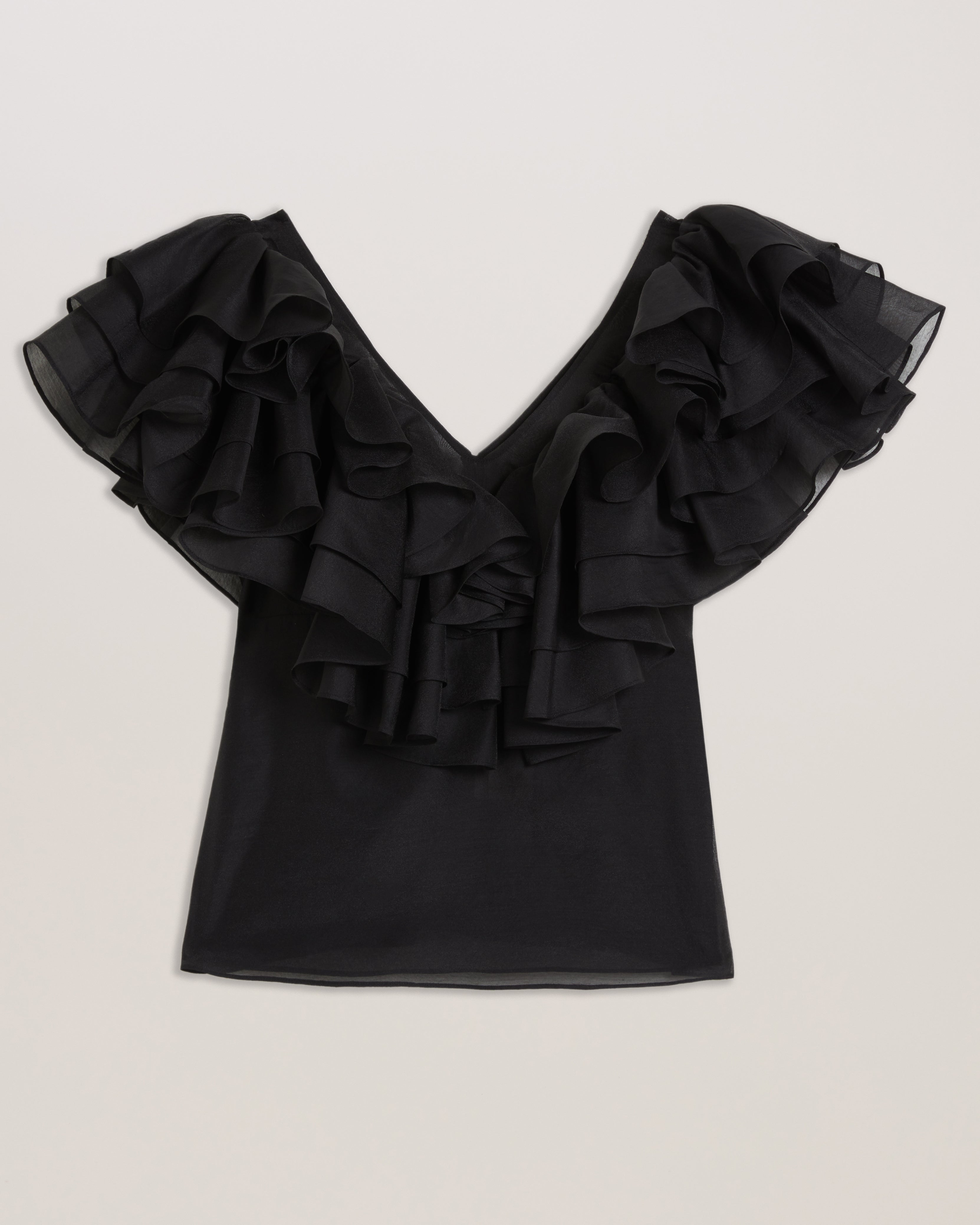 Calonda Oversized Ruffle V Neck Top Black