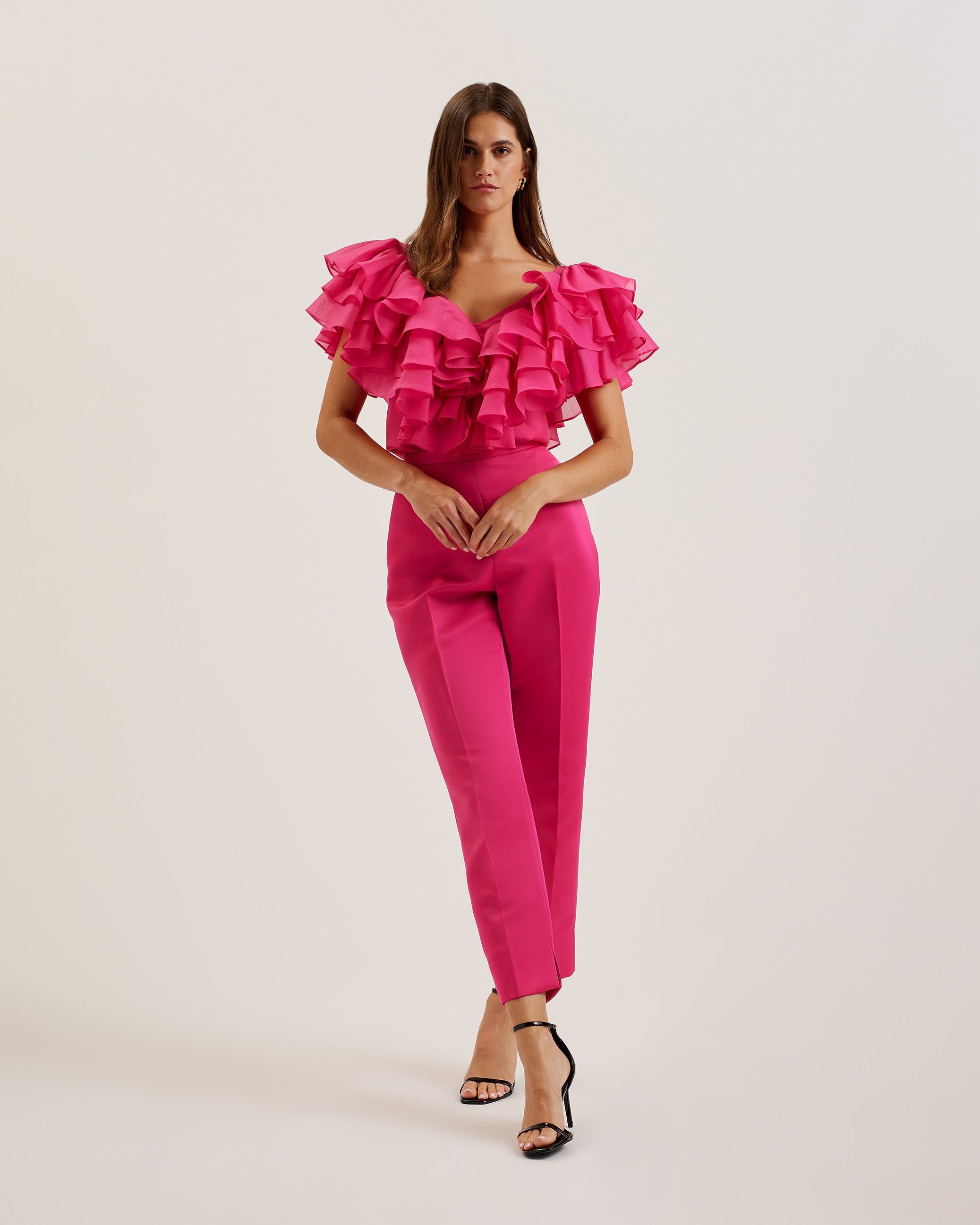 Calonda Oversized Ruffle V Neck Top Fuchsia