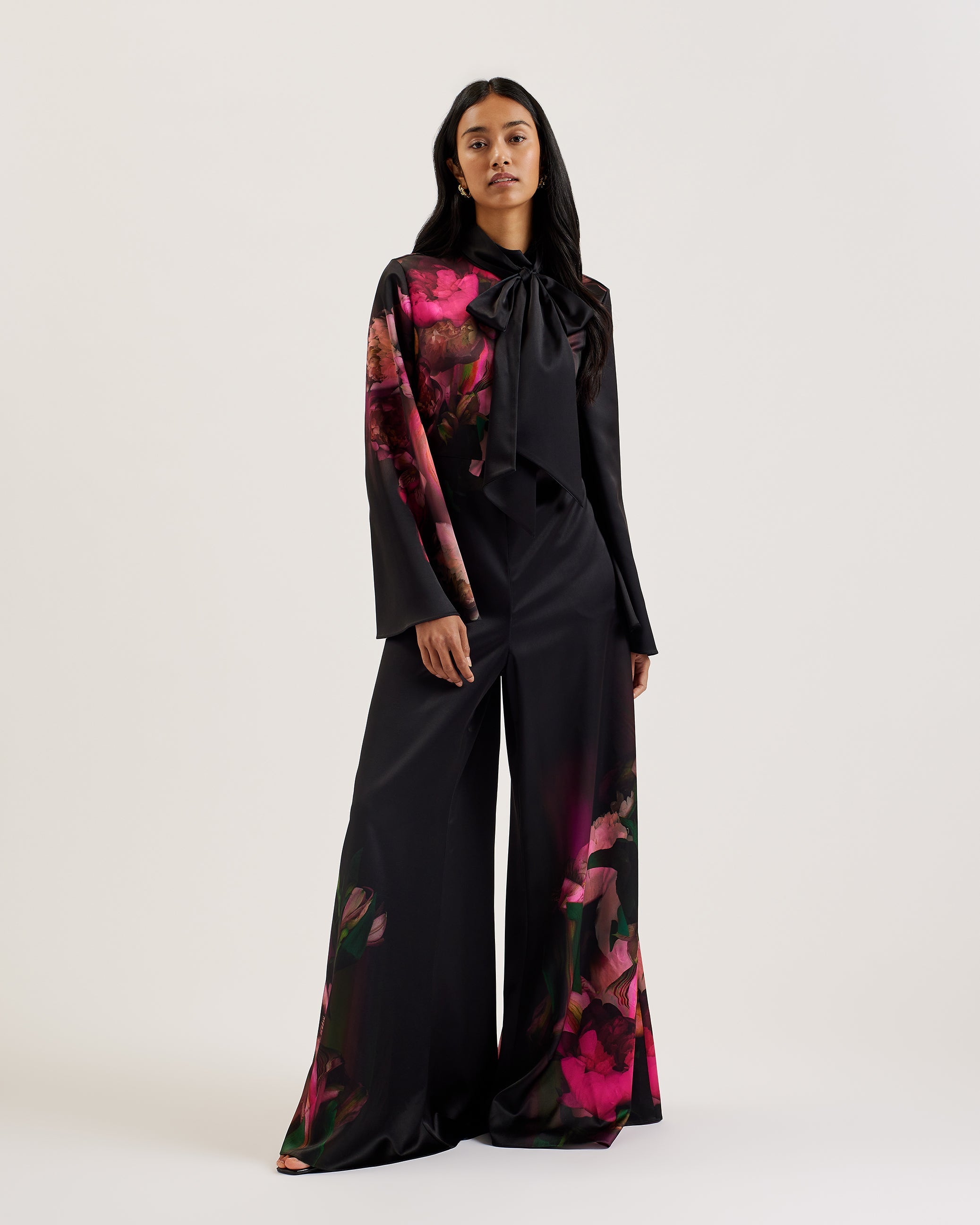 Lousios Printed Wide Leg Jumpsuit With Tie Black