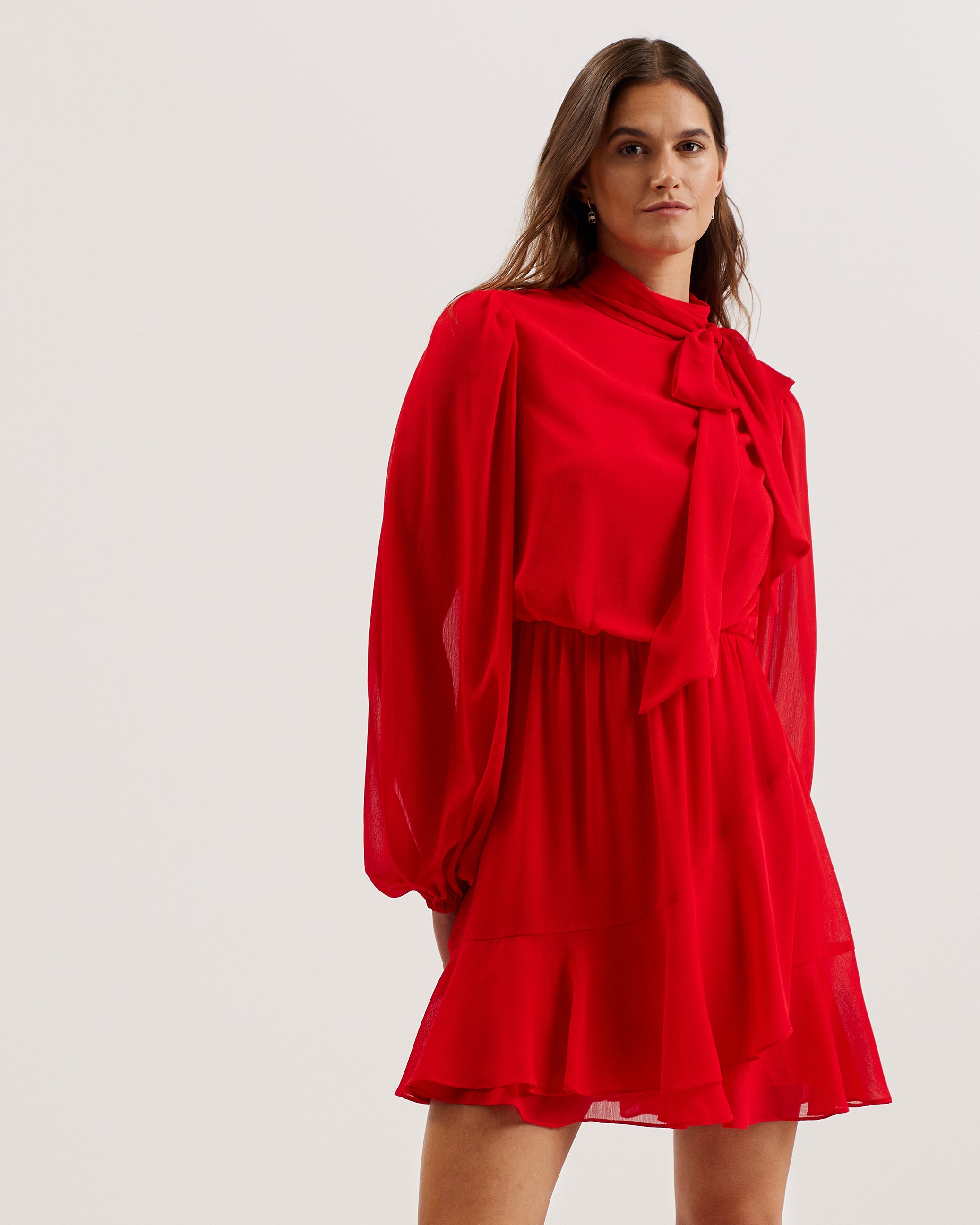 Zebrina Neck Tie Detail Long Sleeve Mini Dress Red