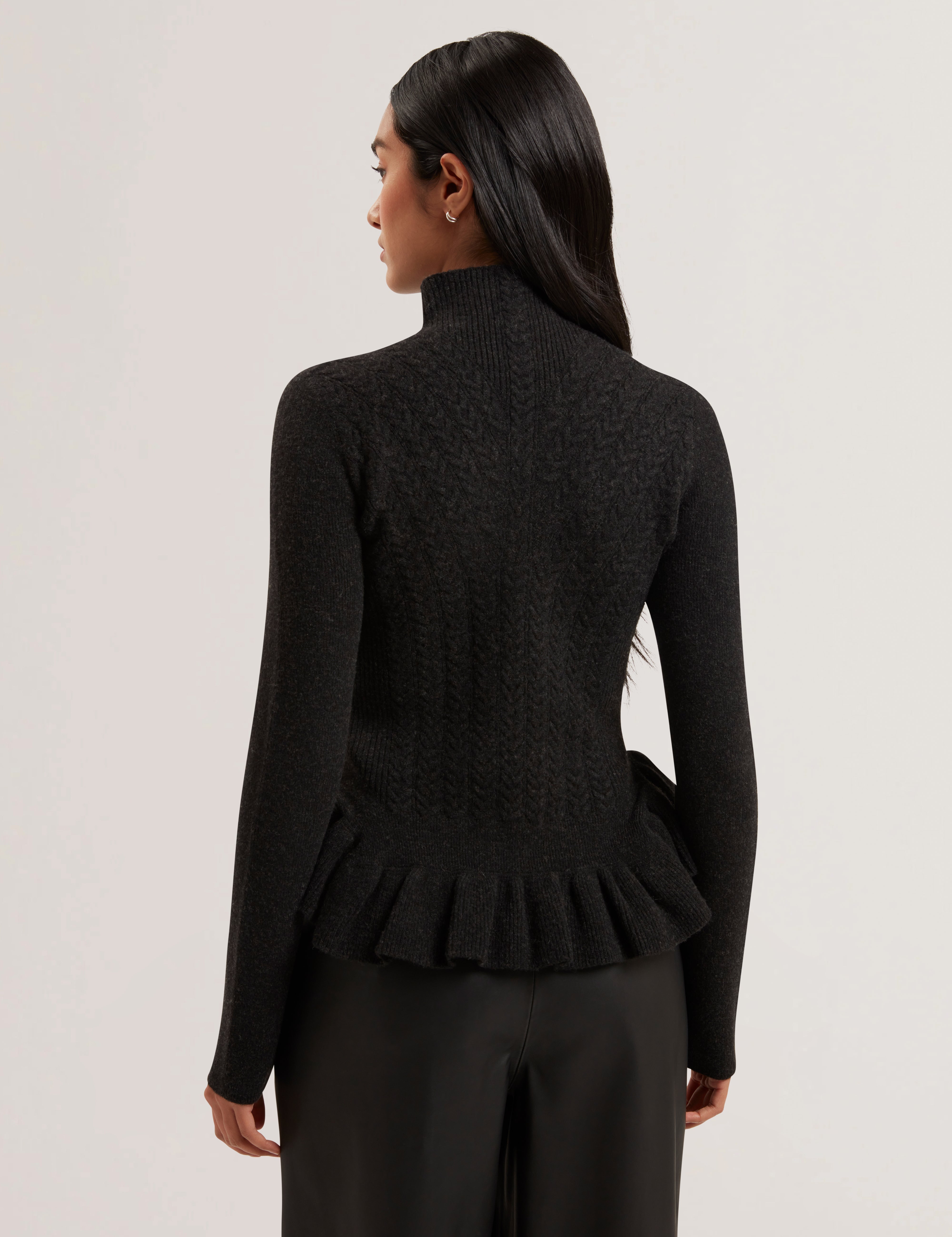 Violha Cropped Peplum Cable Knit Sweater Dk-Grey