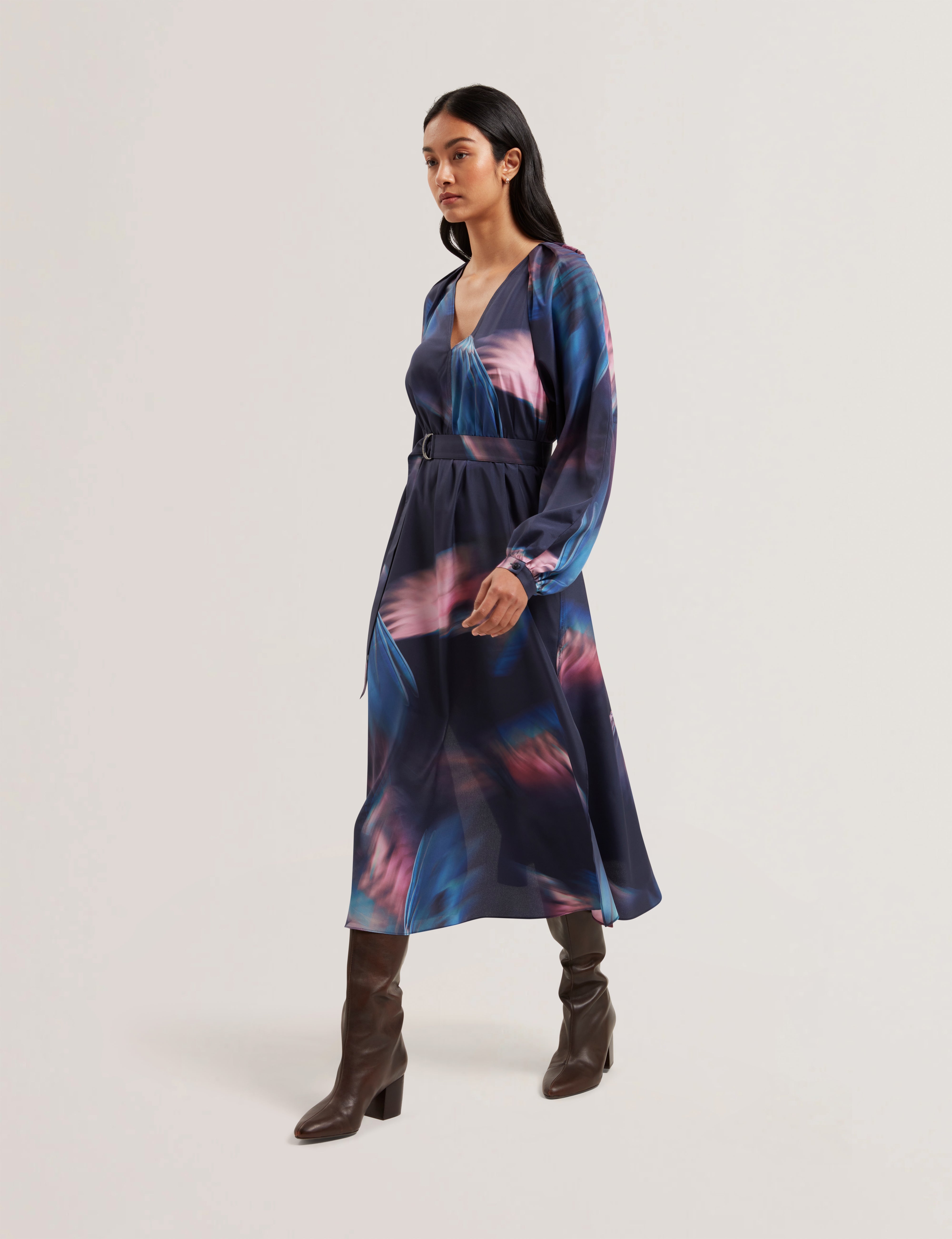 Arade Printed Belted Midi Dress Navy