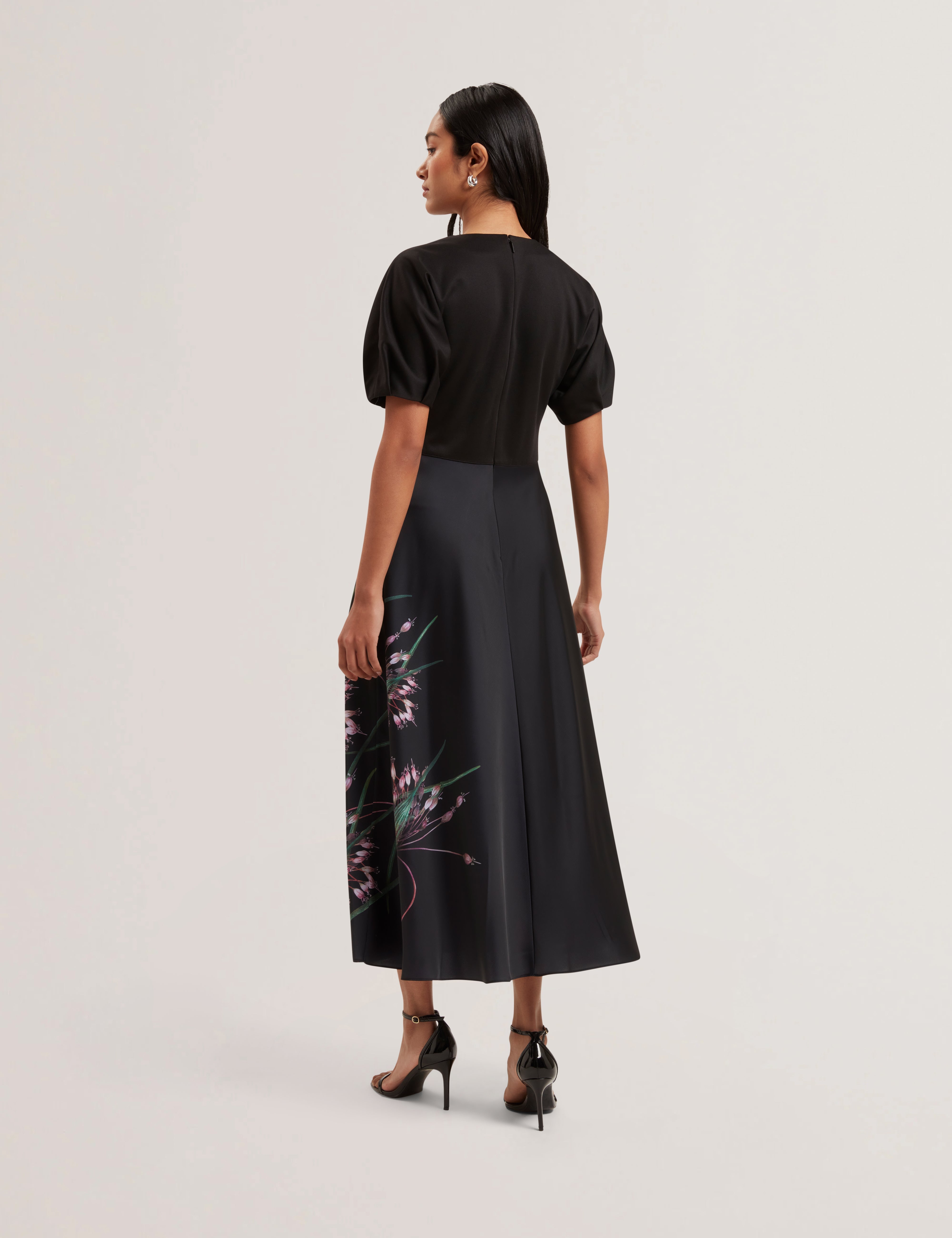 Sado Printed Ponte Bodice Satin Skirt Midi Black