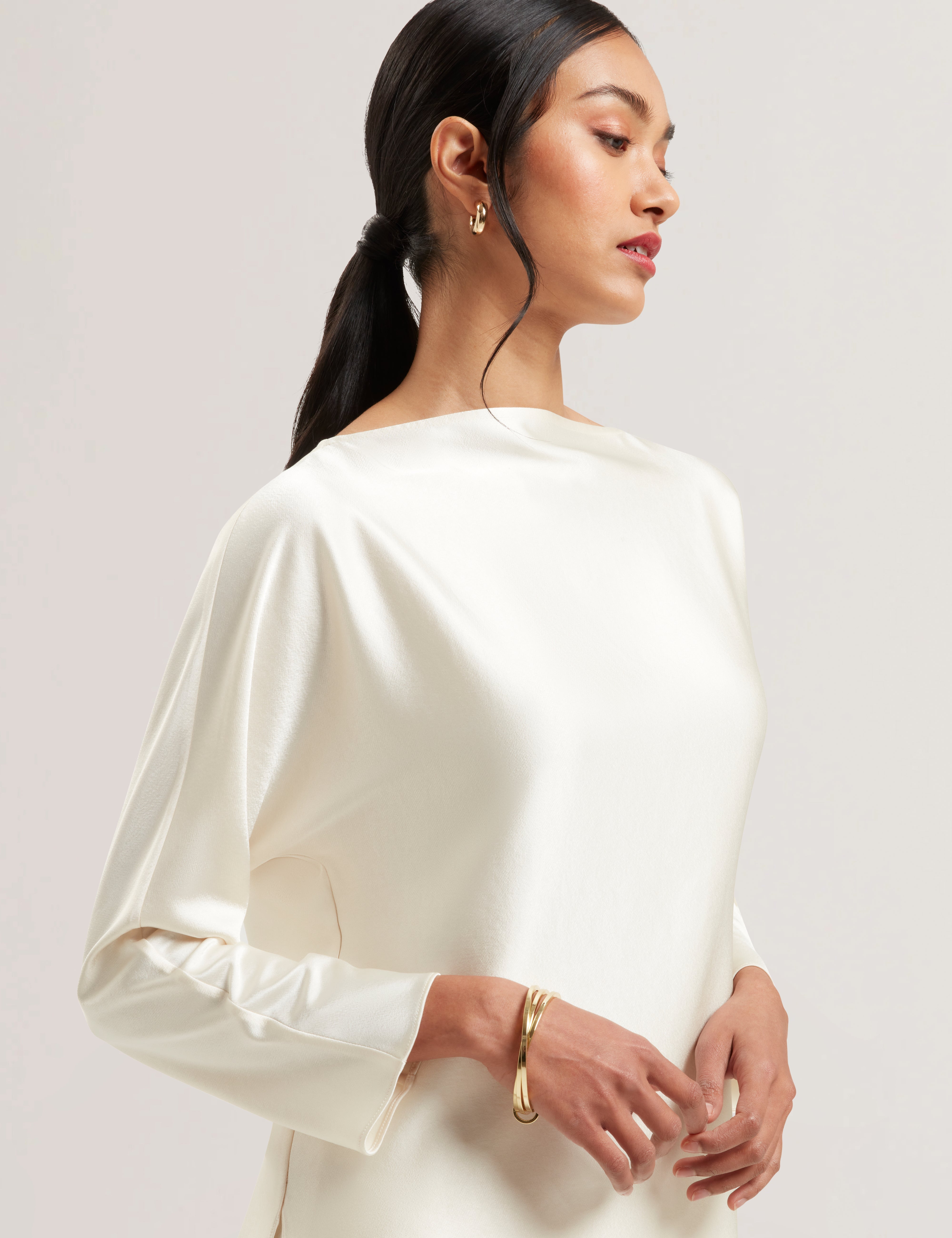 Vouga Slash Neck Satin Top Ivory