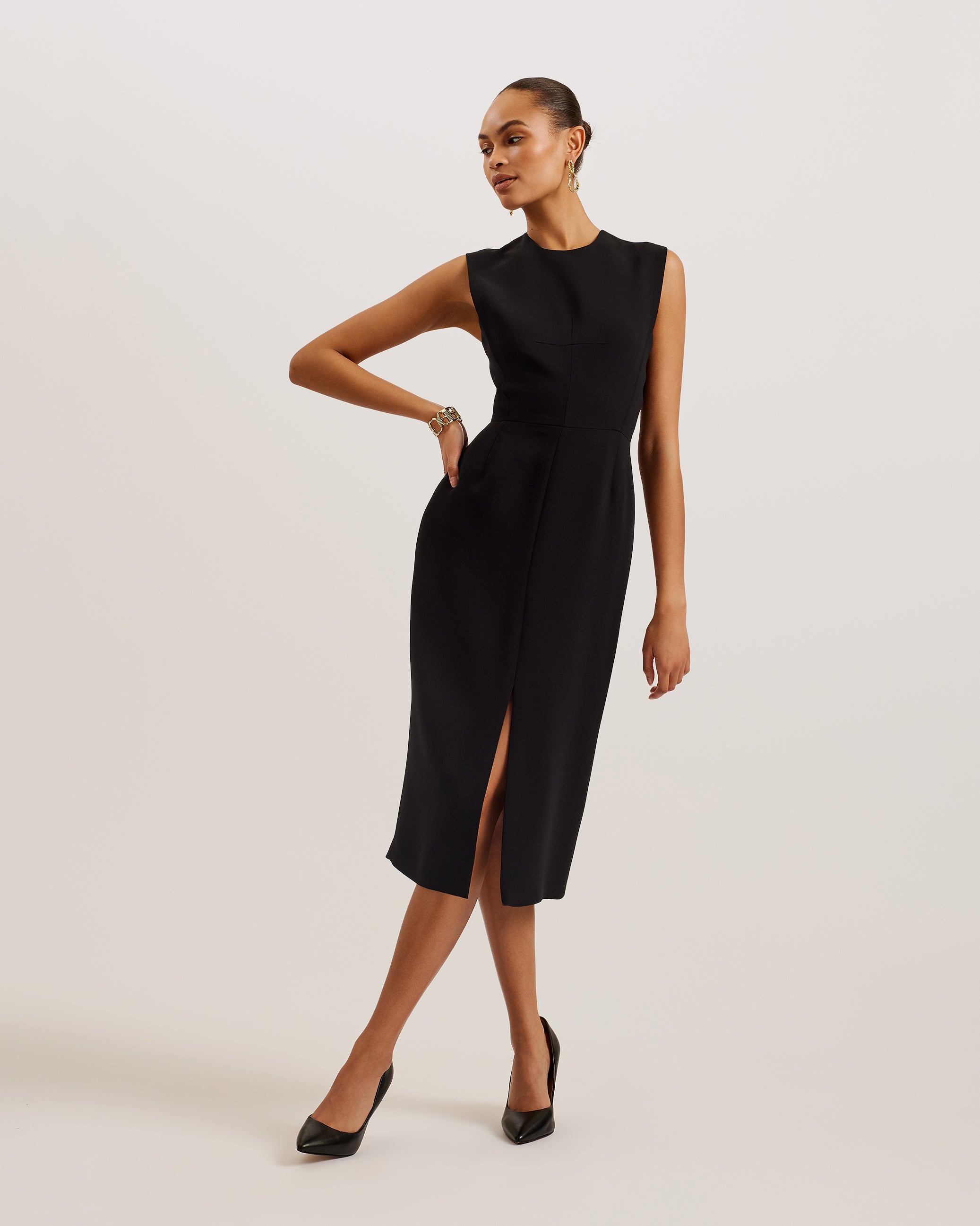 Manabdl Tailored Midi Dress With Front Split Black