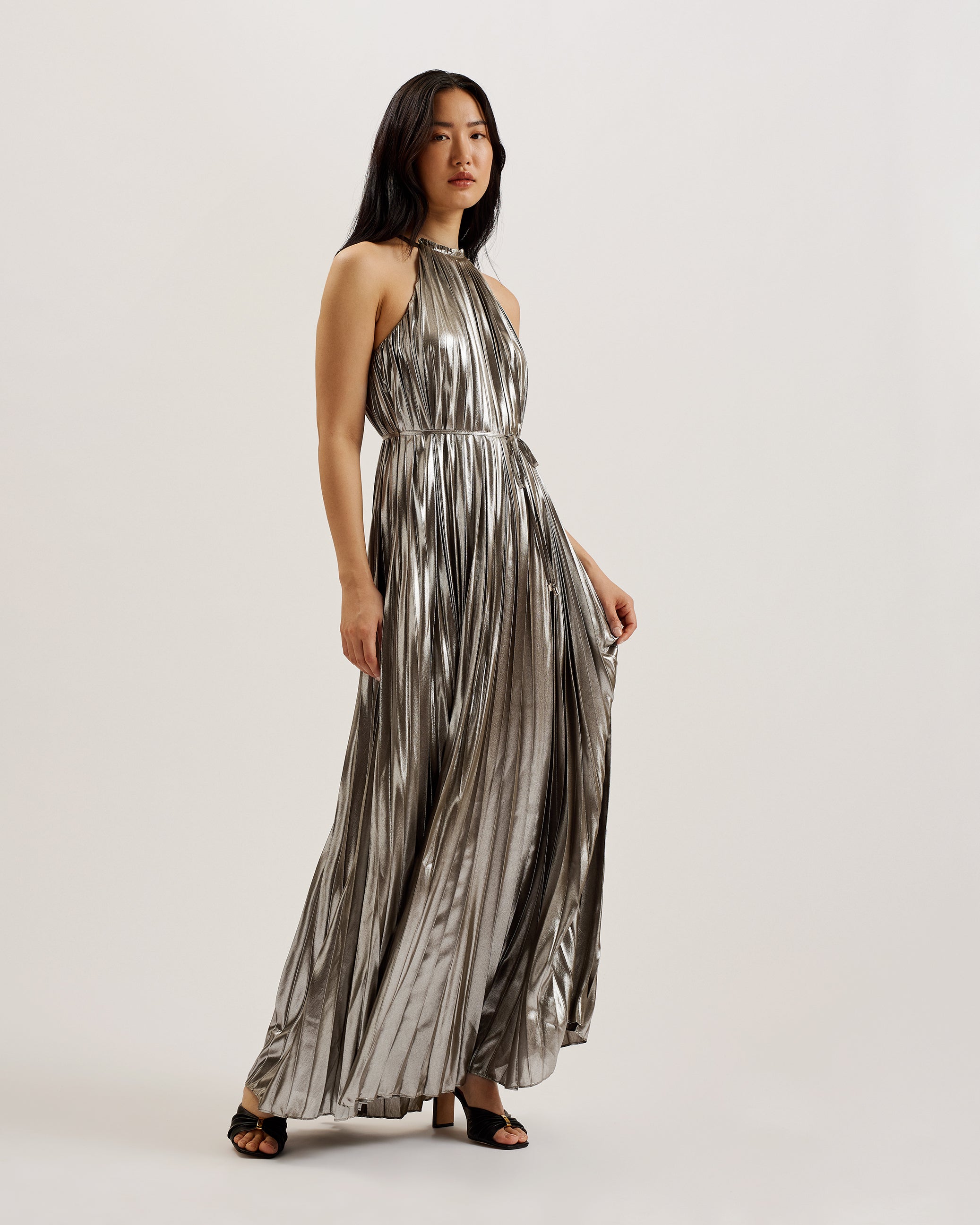 Yalina Halter Neck Midi Dress With Tie Silver