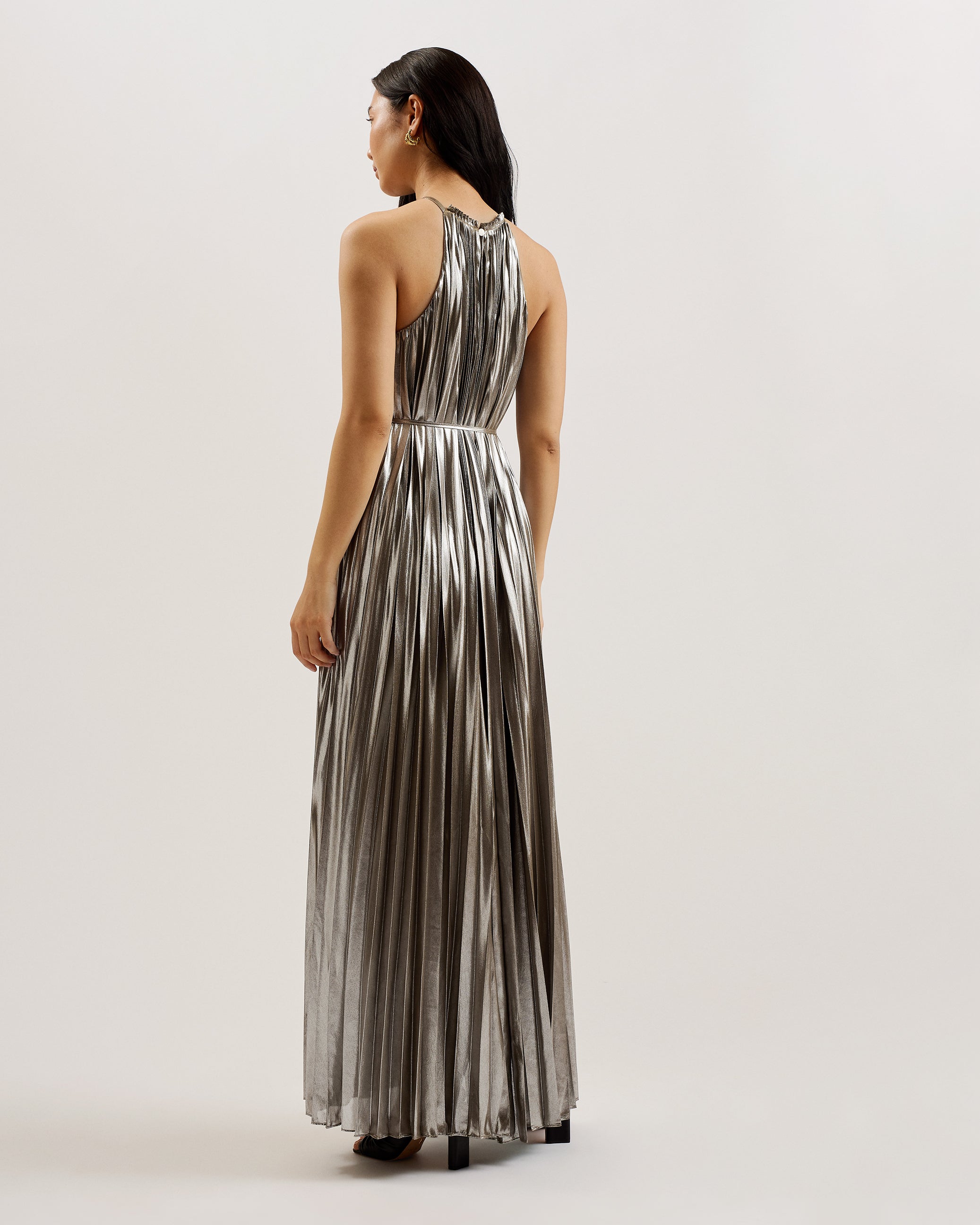 Yalina Halter Neck Midi Dress With Tie Silver