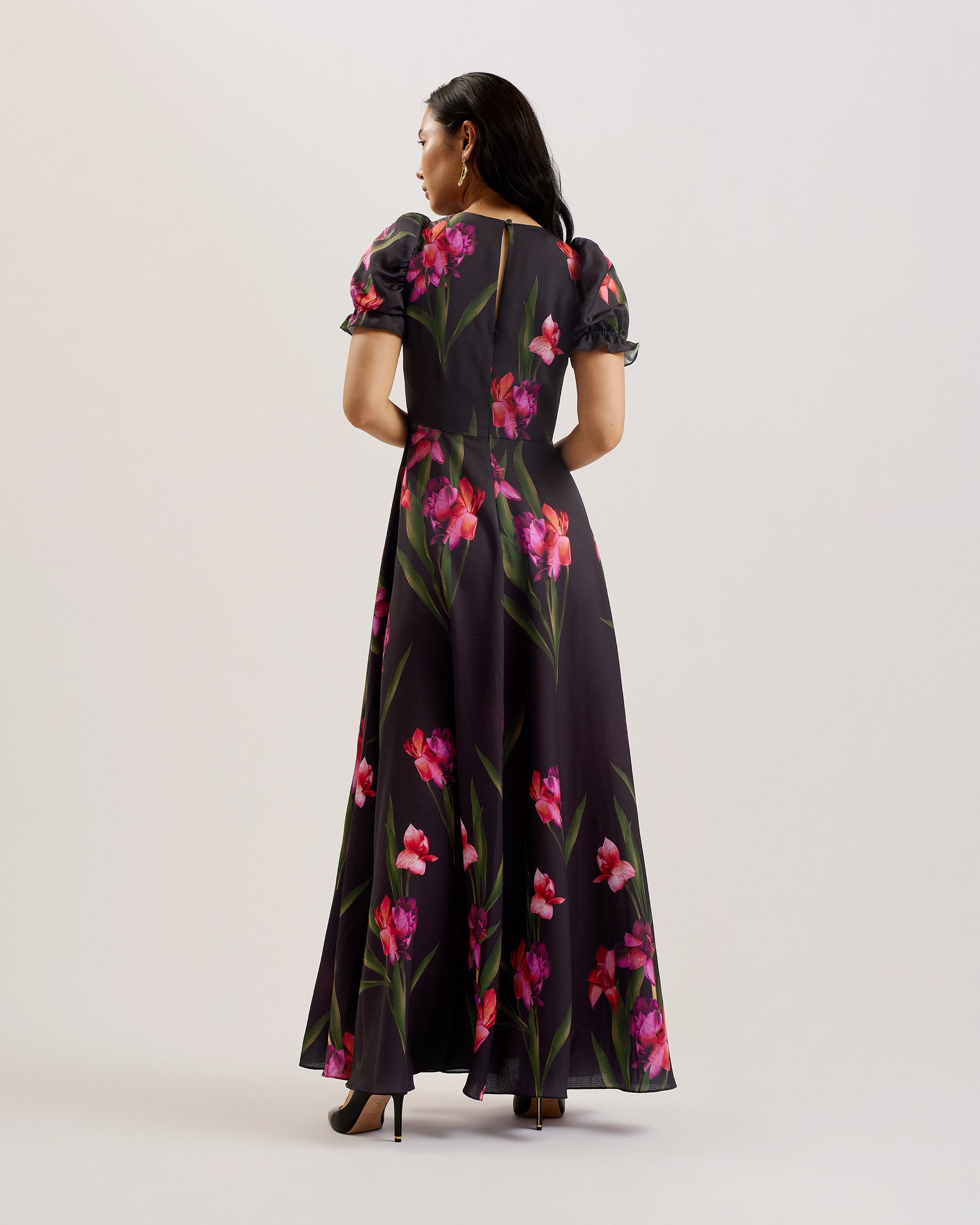 Loceie Puff Sleeve Printed Maxi Dress Black