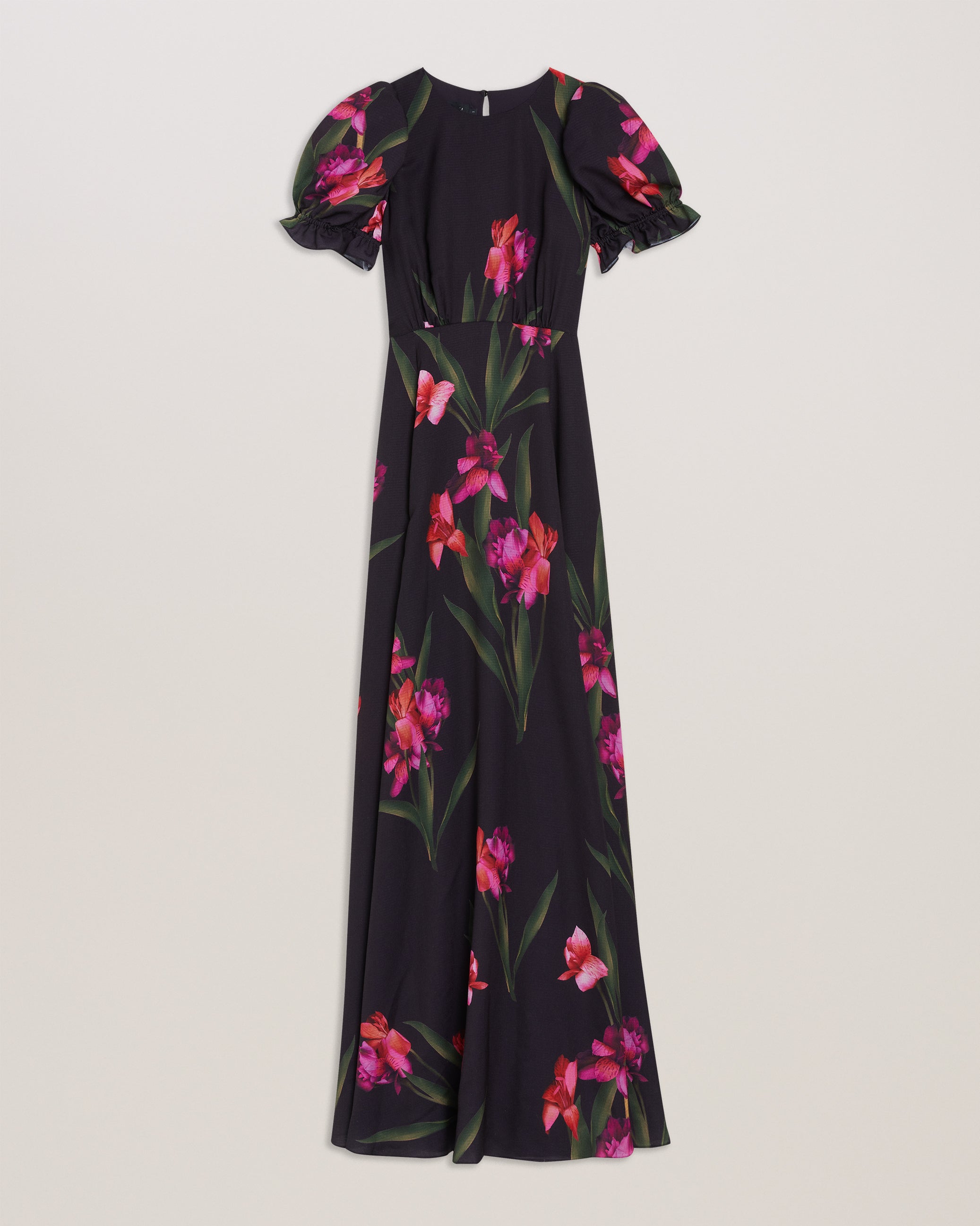 Loceie Puff Sleeve Printed Maxi Dress Black