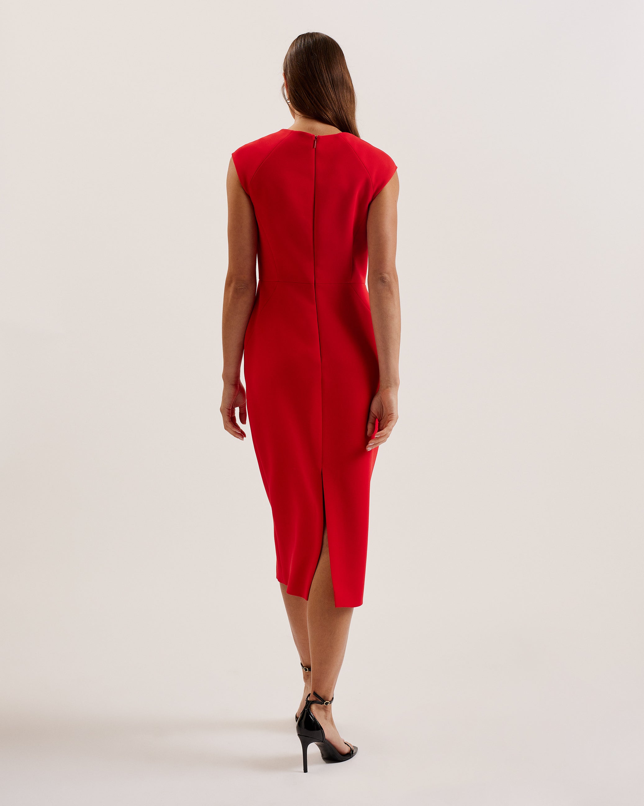 Bayree Asymmetric Folded Neckline Midi Dress Red