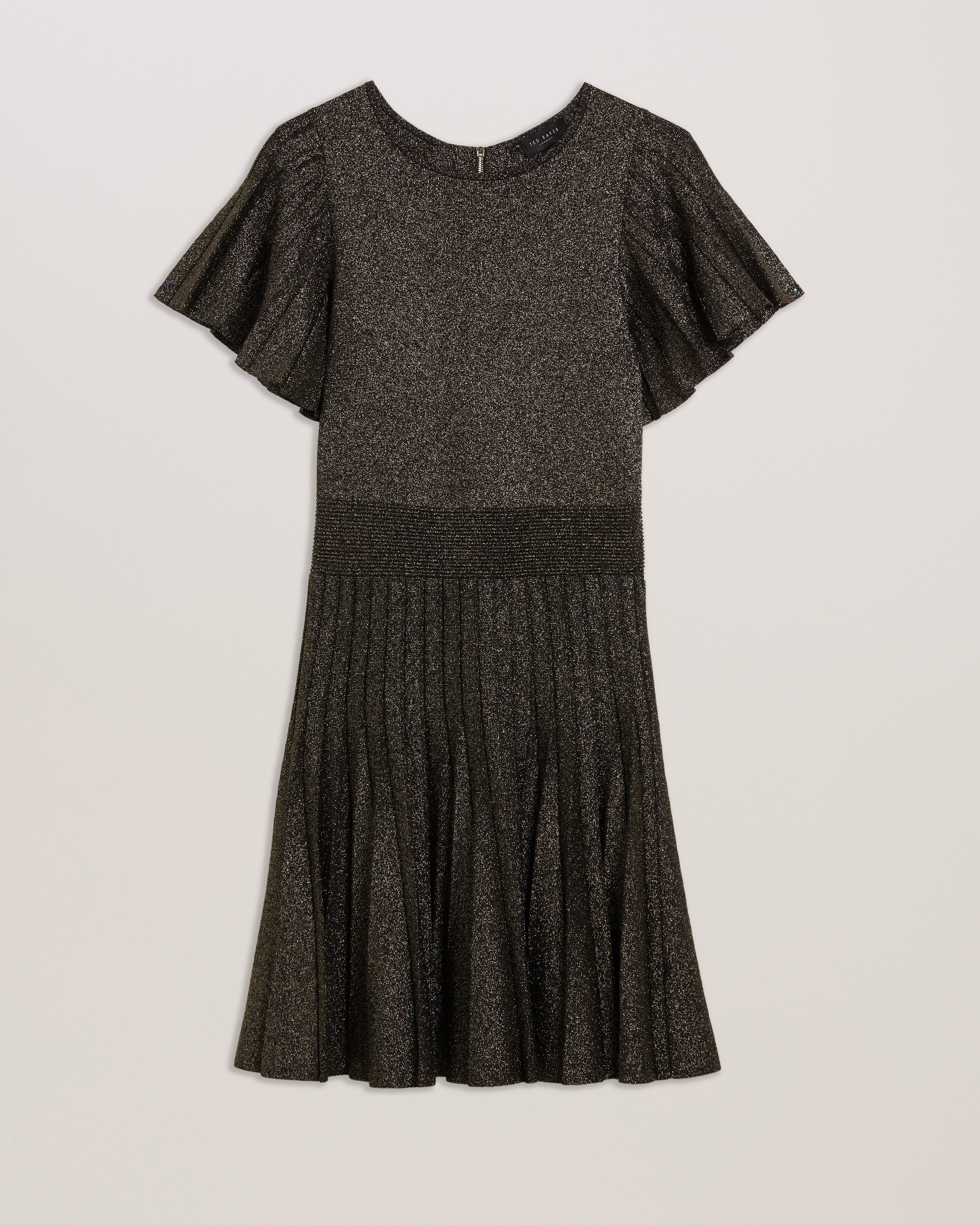 Madisnn Metallic Angel Sleeve Knit Skater Dress Black