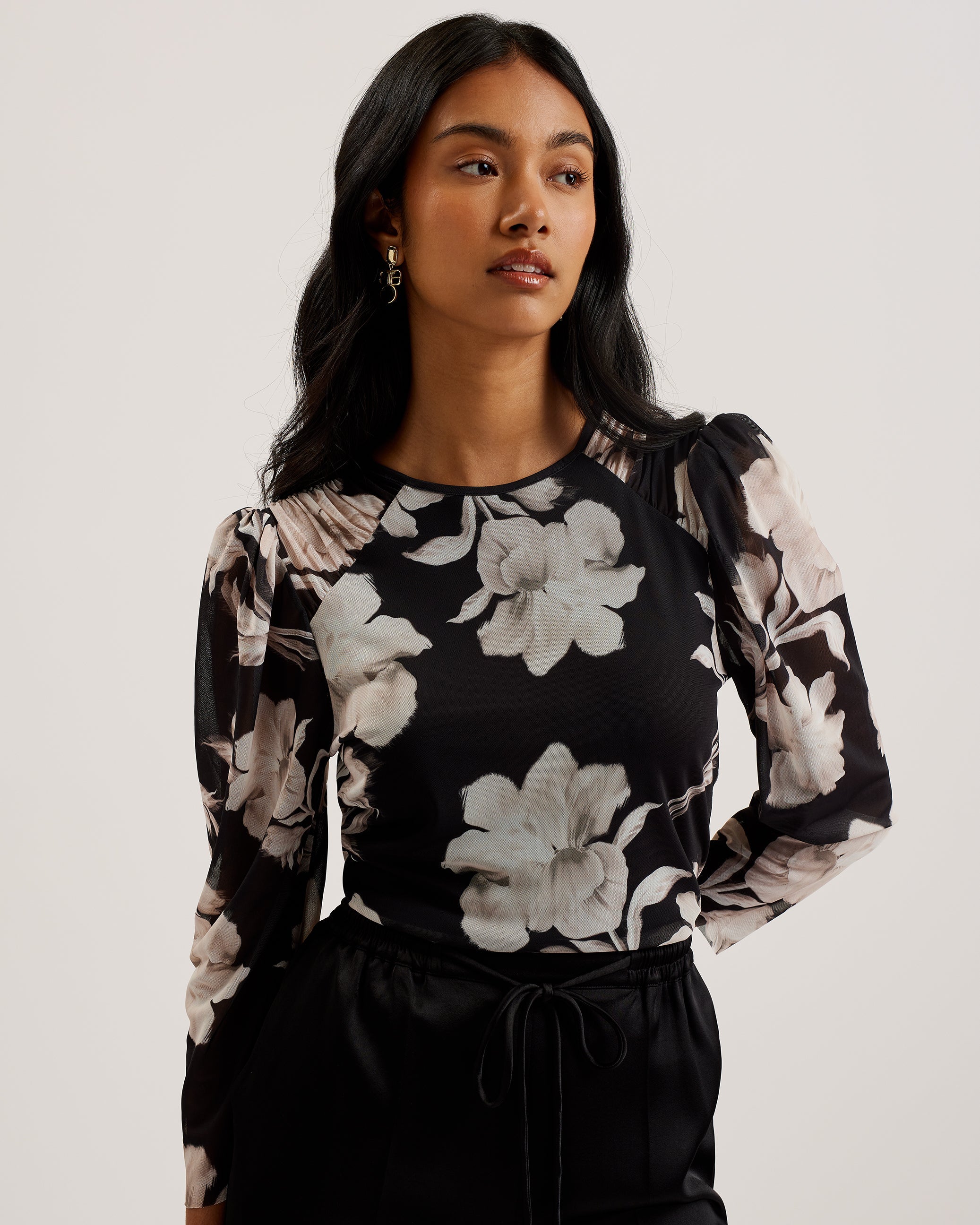 Dorathy Printed Mesh Gathered Shoulder Top Black