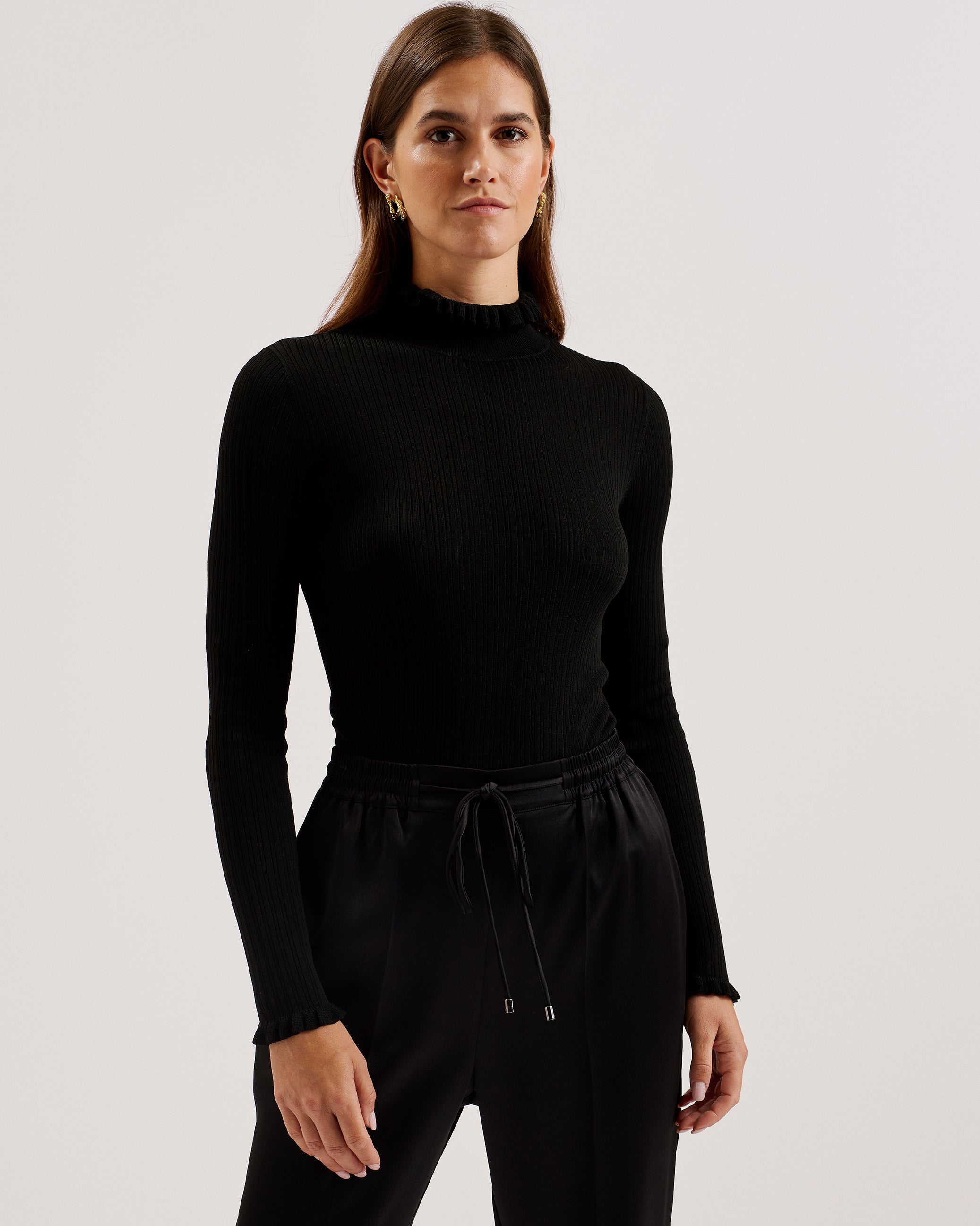 Janittt Rib Funnel Neck Frill Jumper Black