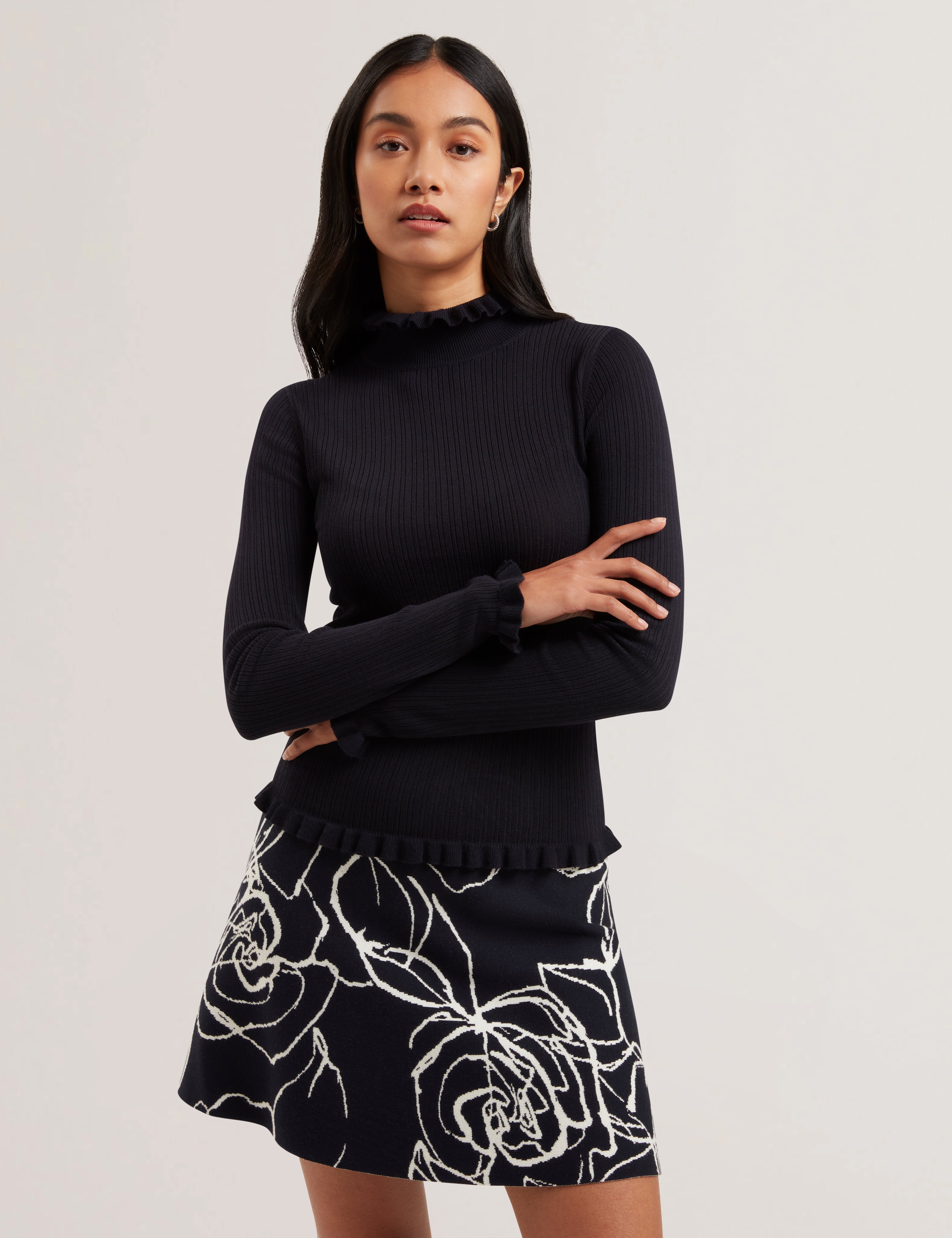 Janittt Rib Funnel Neck Frill Jumper Navy