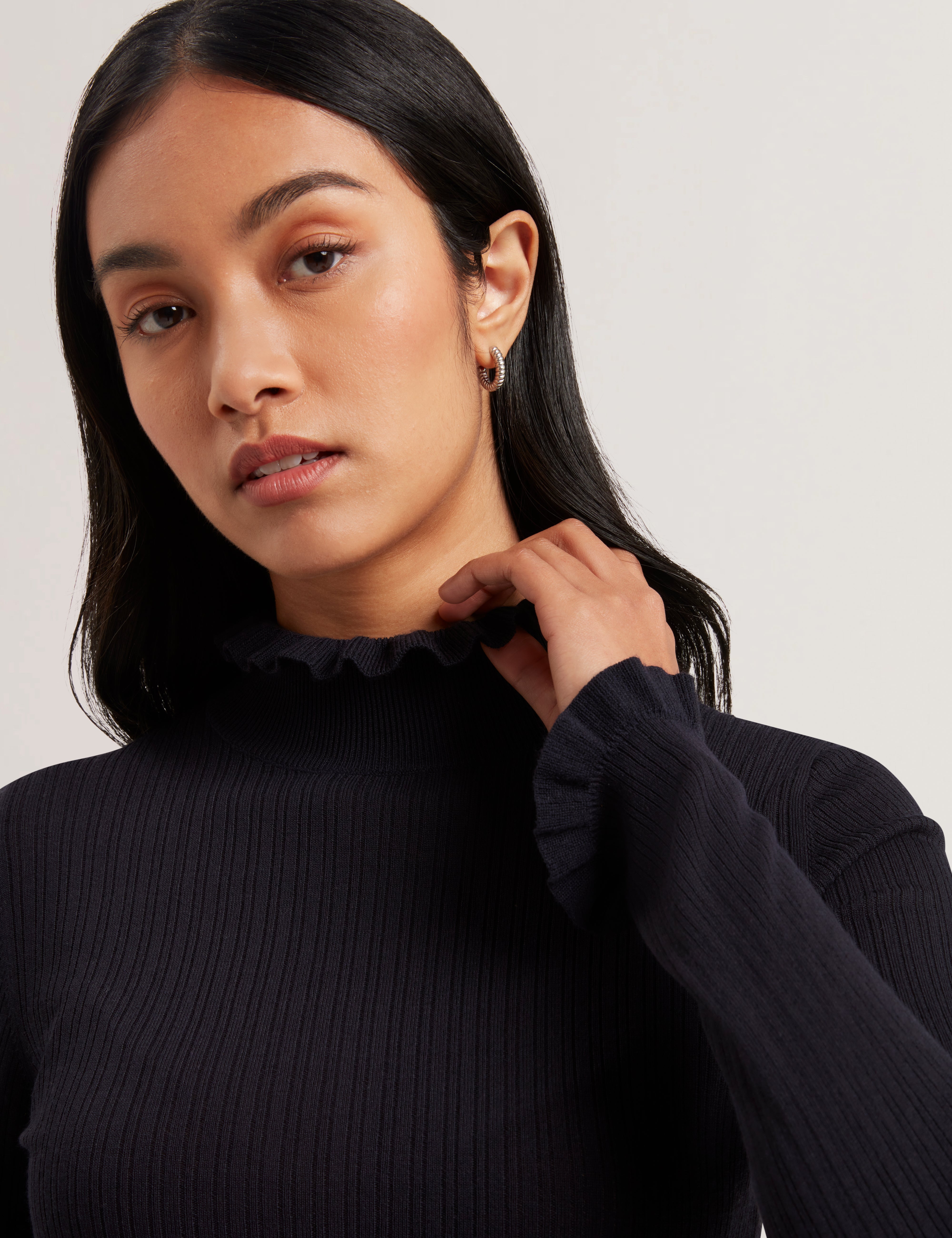 Janittt Rib Funnel Neck Frill Jumper Navy