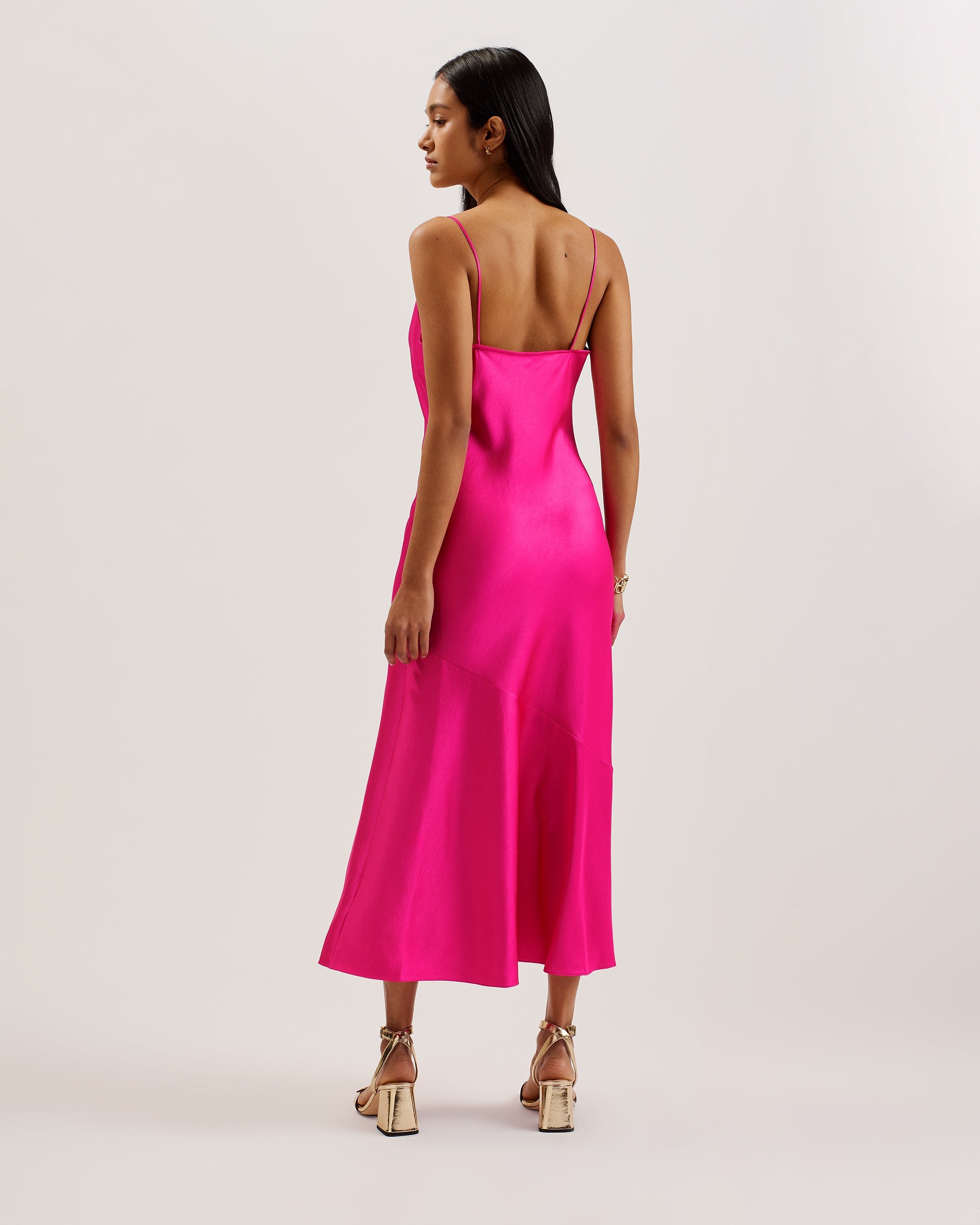 Tunca Satin Cowl Neck Evening Midi Dress Brt-Pink