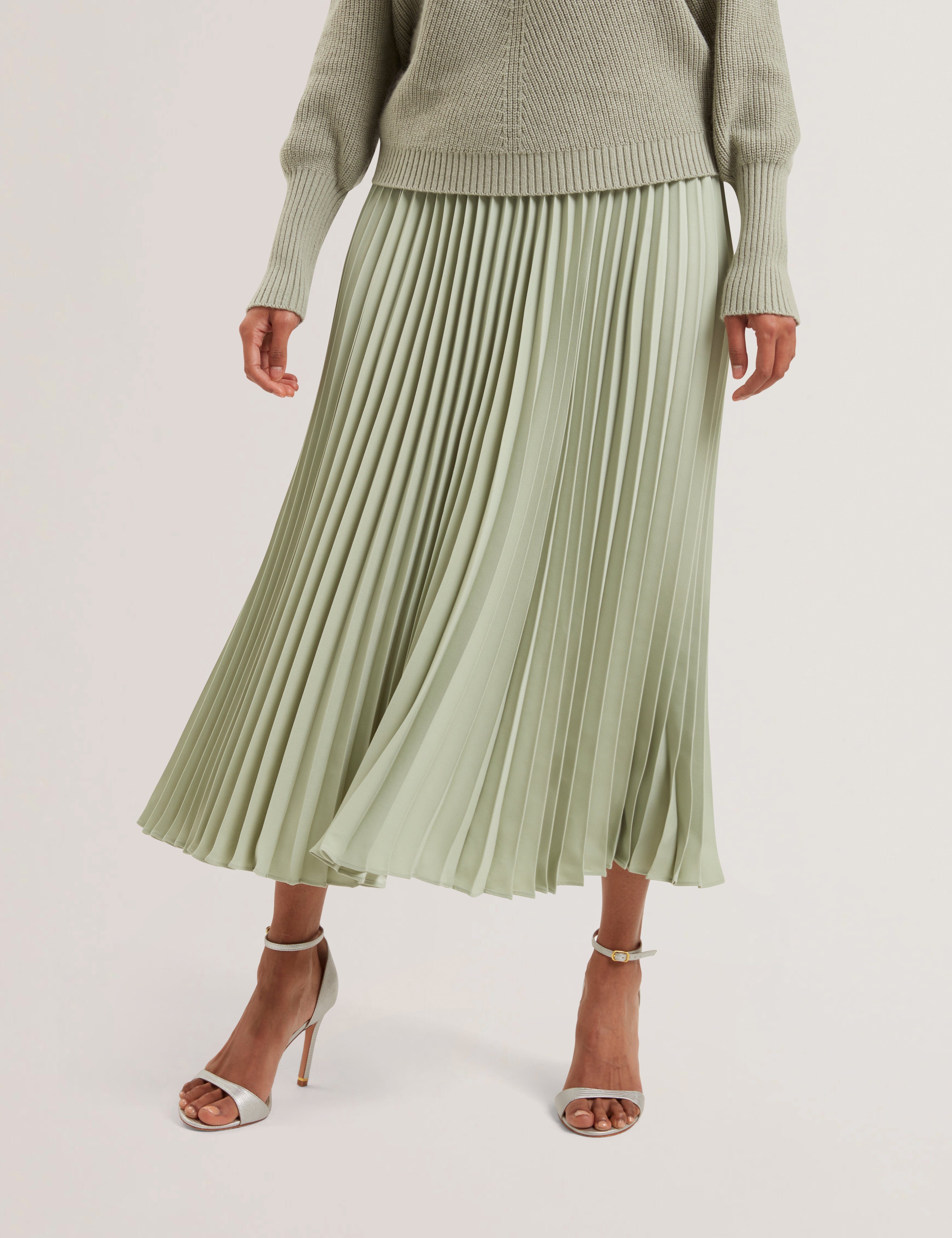 Siko Pleated Midi Elasticated Waistband Skirt Lt-Green