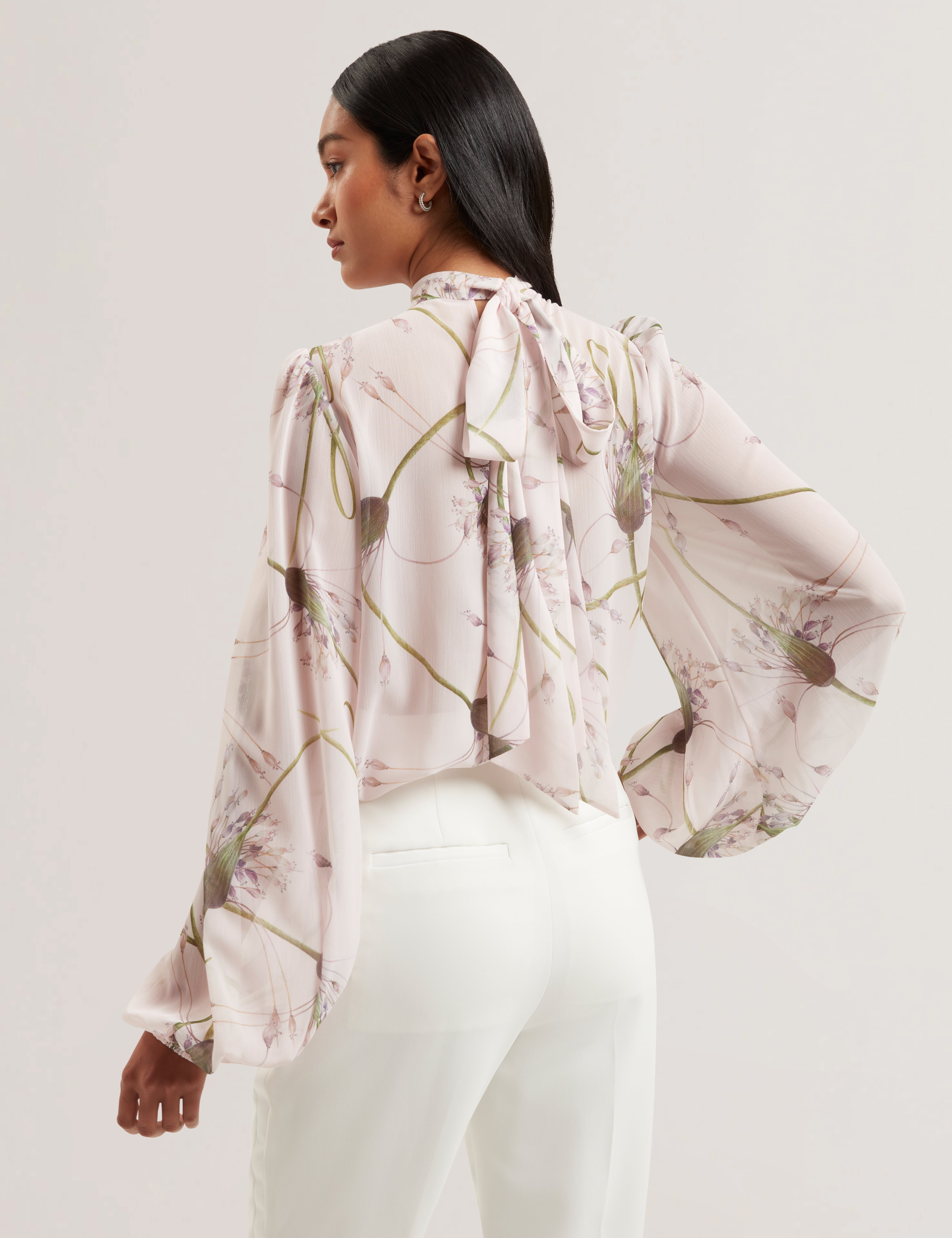 Alati Printed Tie Neck Long Sleeve Blouse Lt-Pink