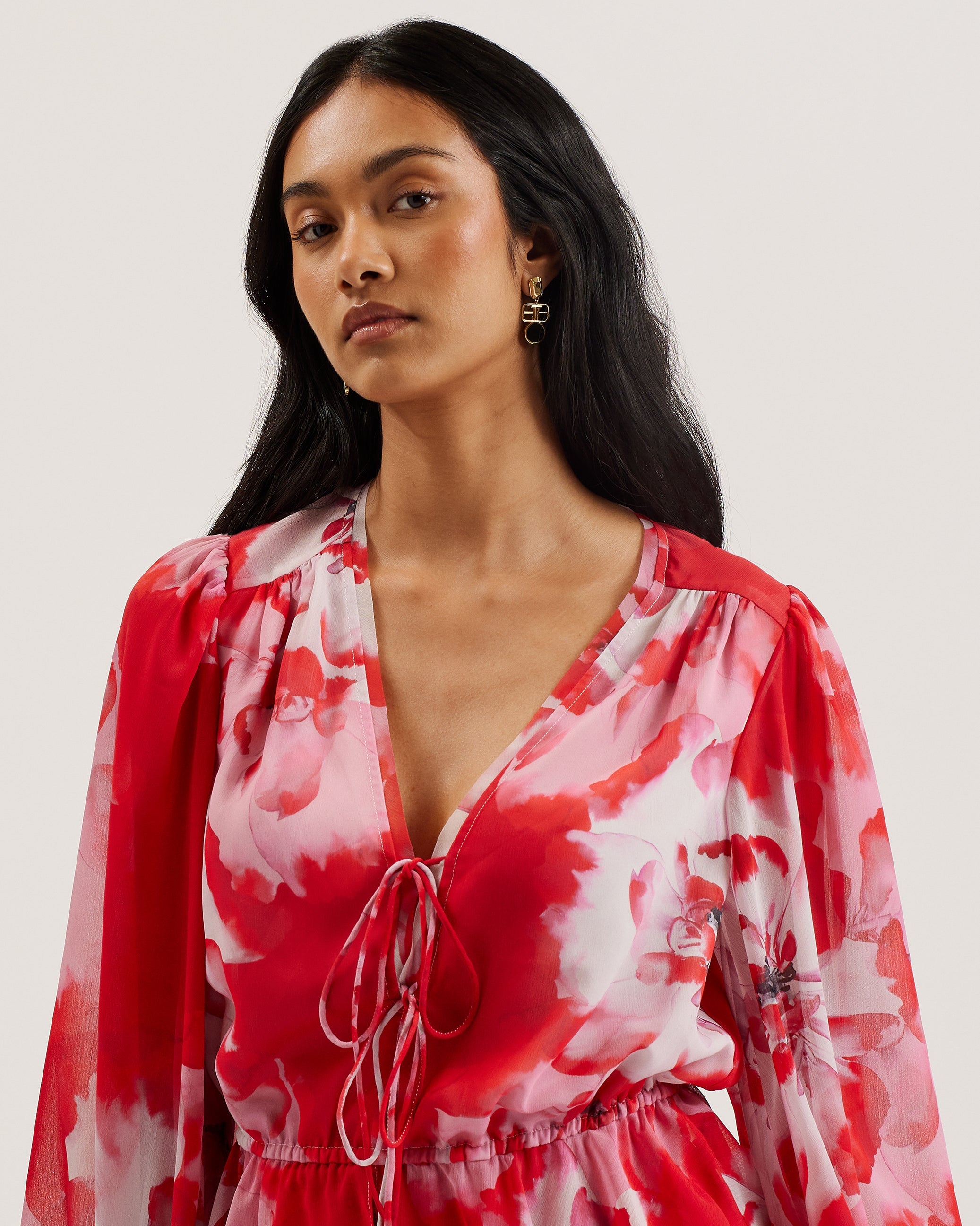 Aleria Printed Tie Front Balloon Sleeve Blouse Red