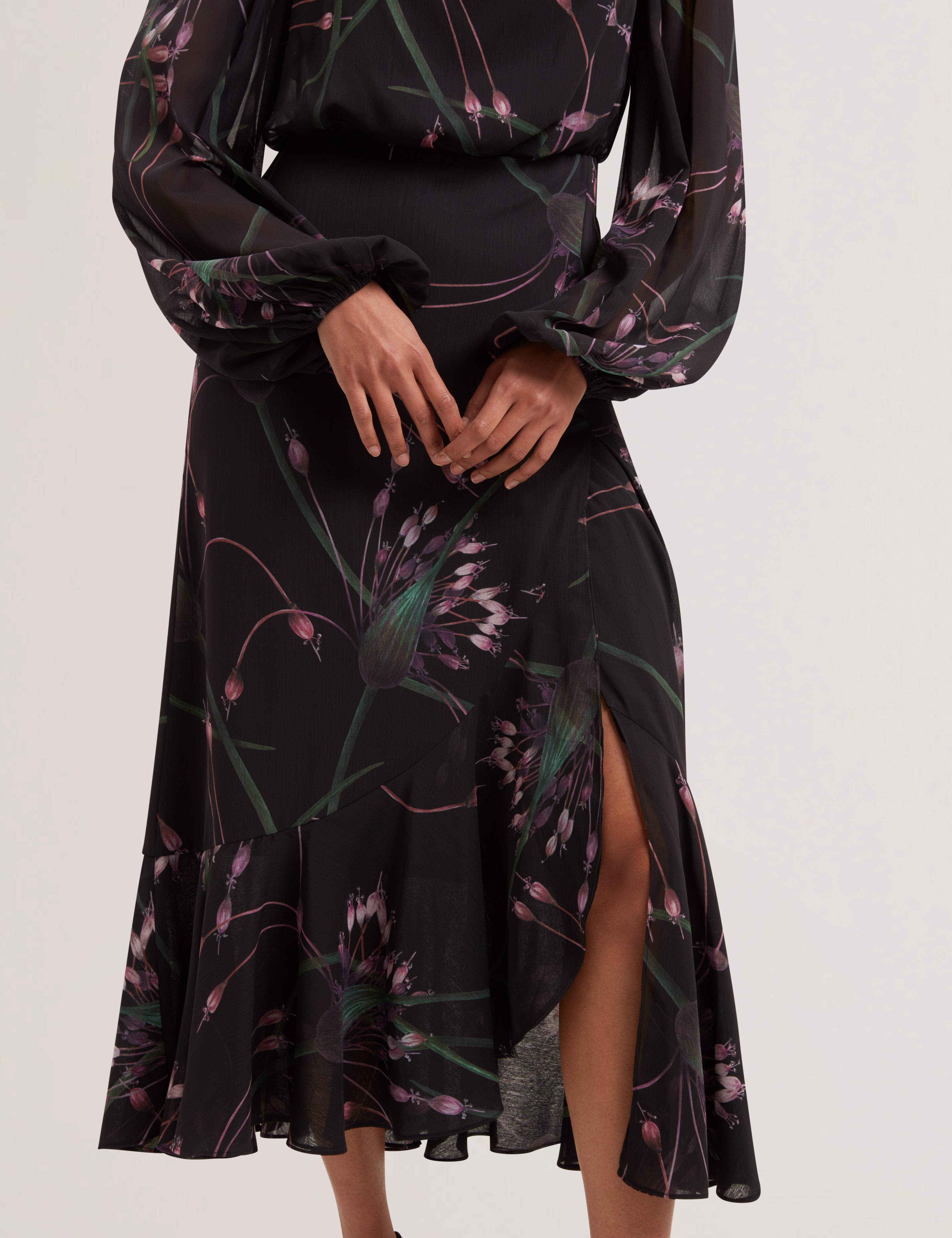 Tillas Long Sleeve Tie Neck Printed Midi Dress Black