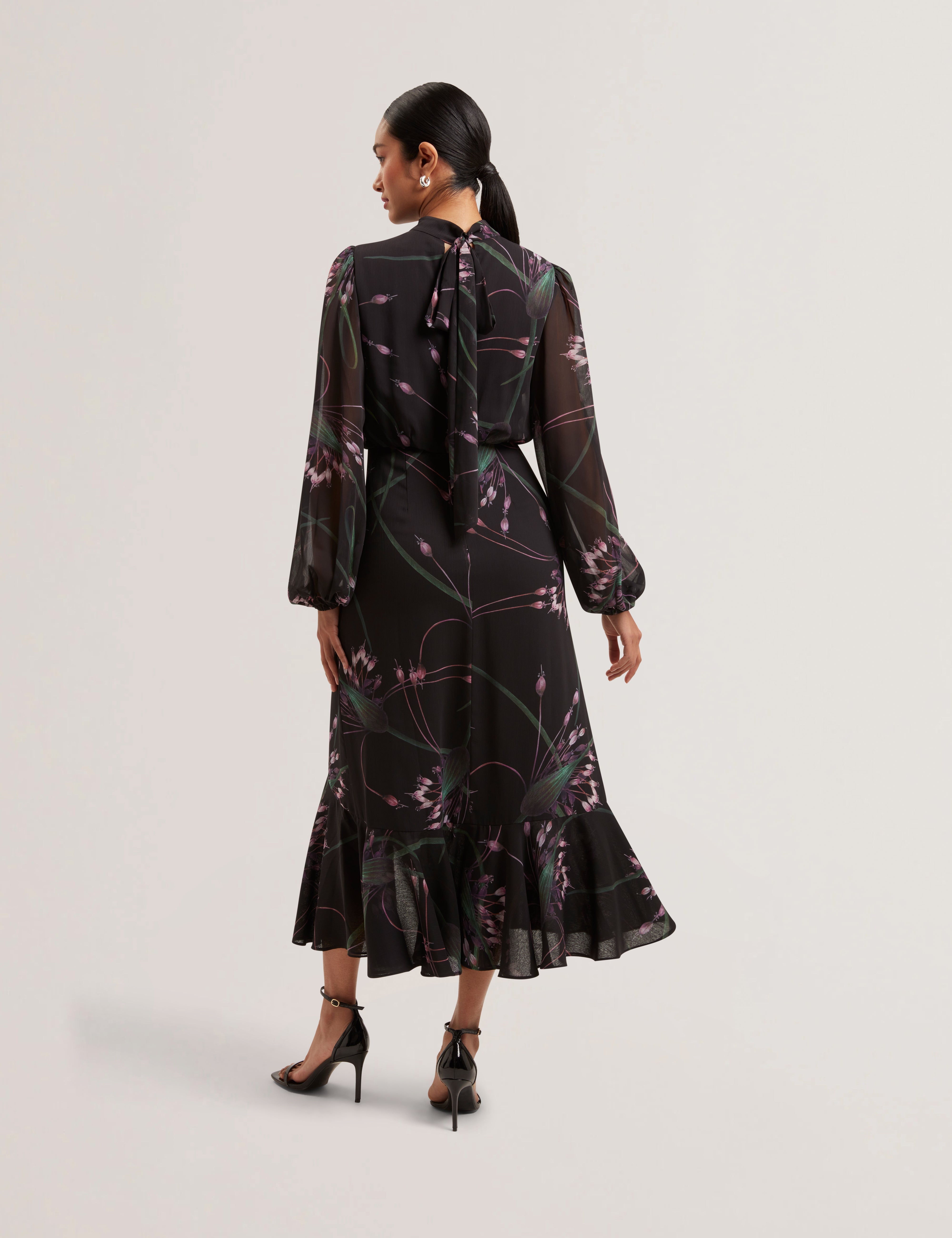 Tillas Long Sleeve Tie Neck Printed Midi Dress Black