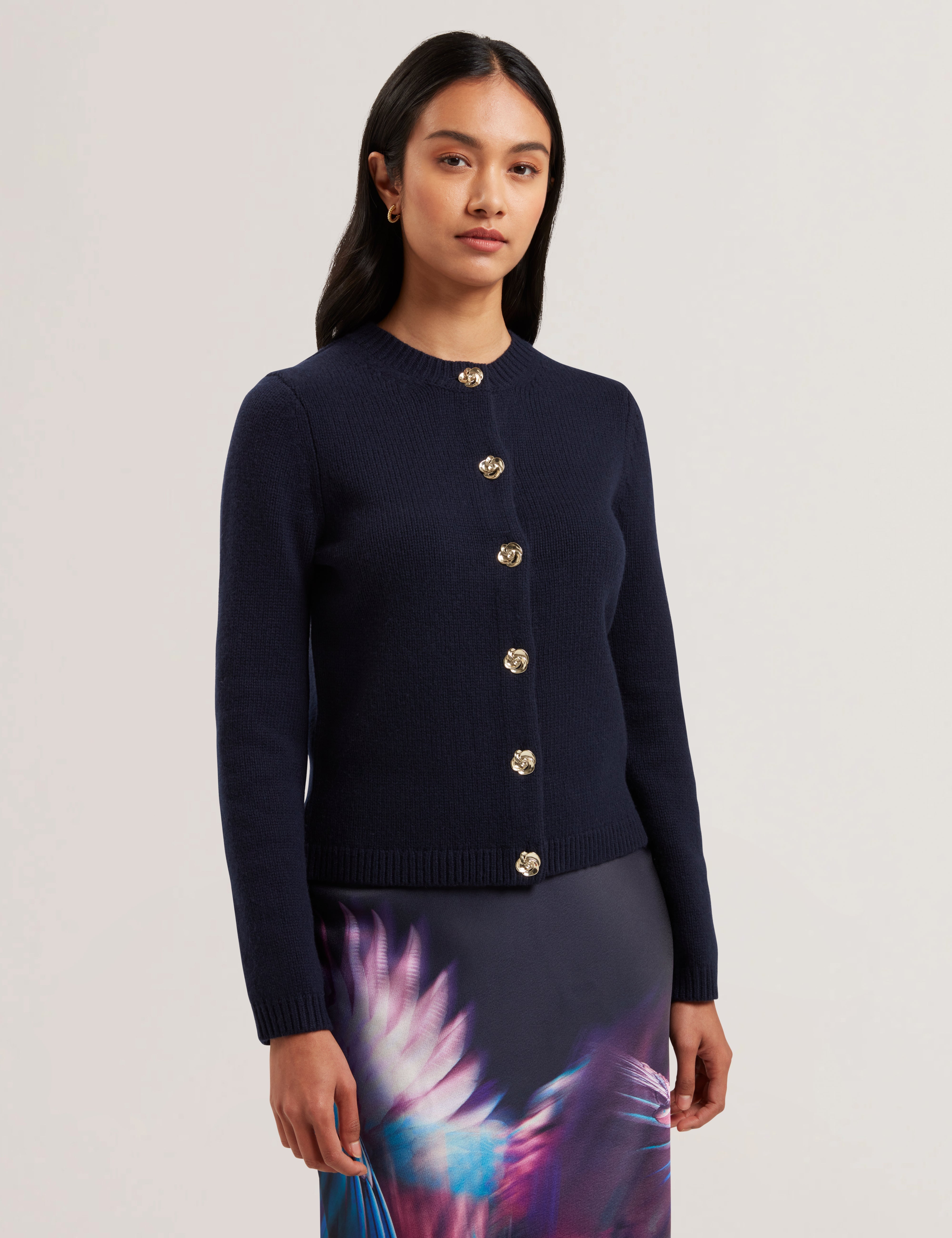 Jaycey Rose Button Crew Neck Cardigan Navy