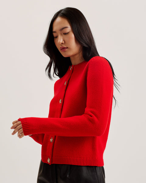 THE TOÉ BAKER CARDIGAN RED Ted Baker Jaycey Rose Button Crew Neck Cardigan - Red | Very