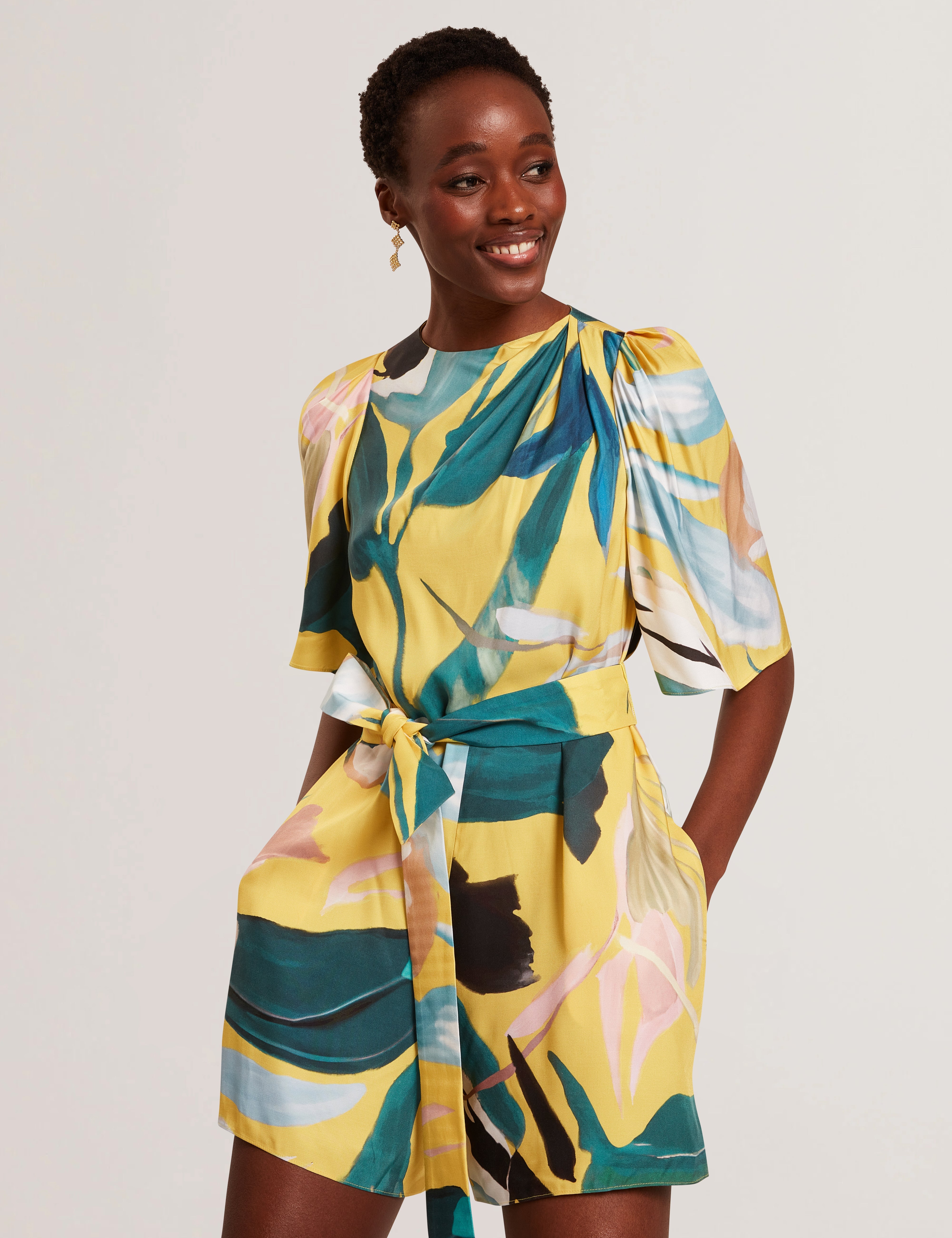 Tiani Drape Neck Detail Playsuit Yellow
