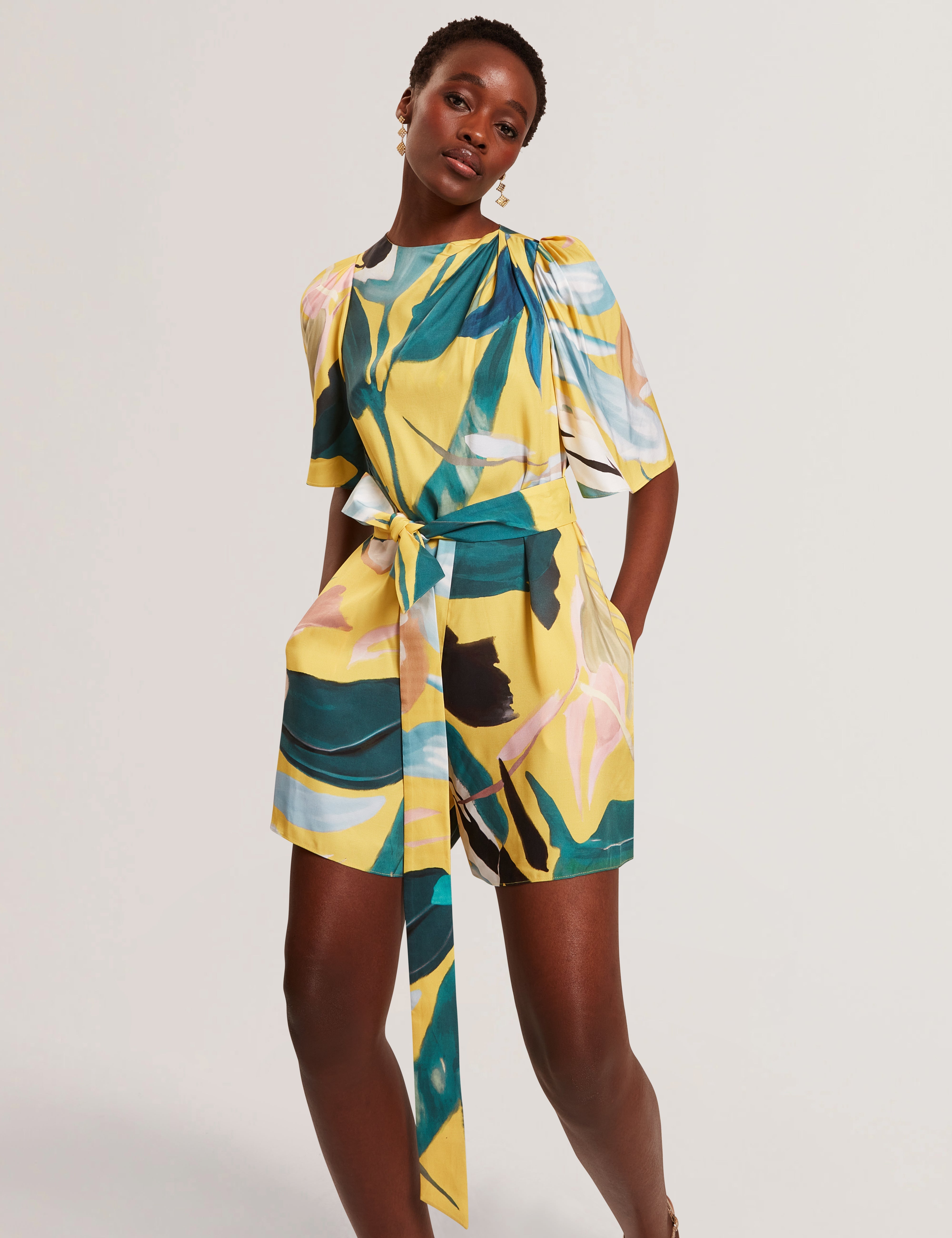 Tiani Drape Neck Detail Playsuit Yellow