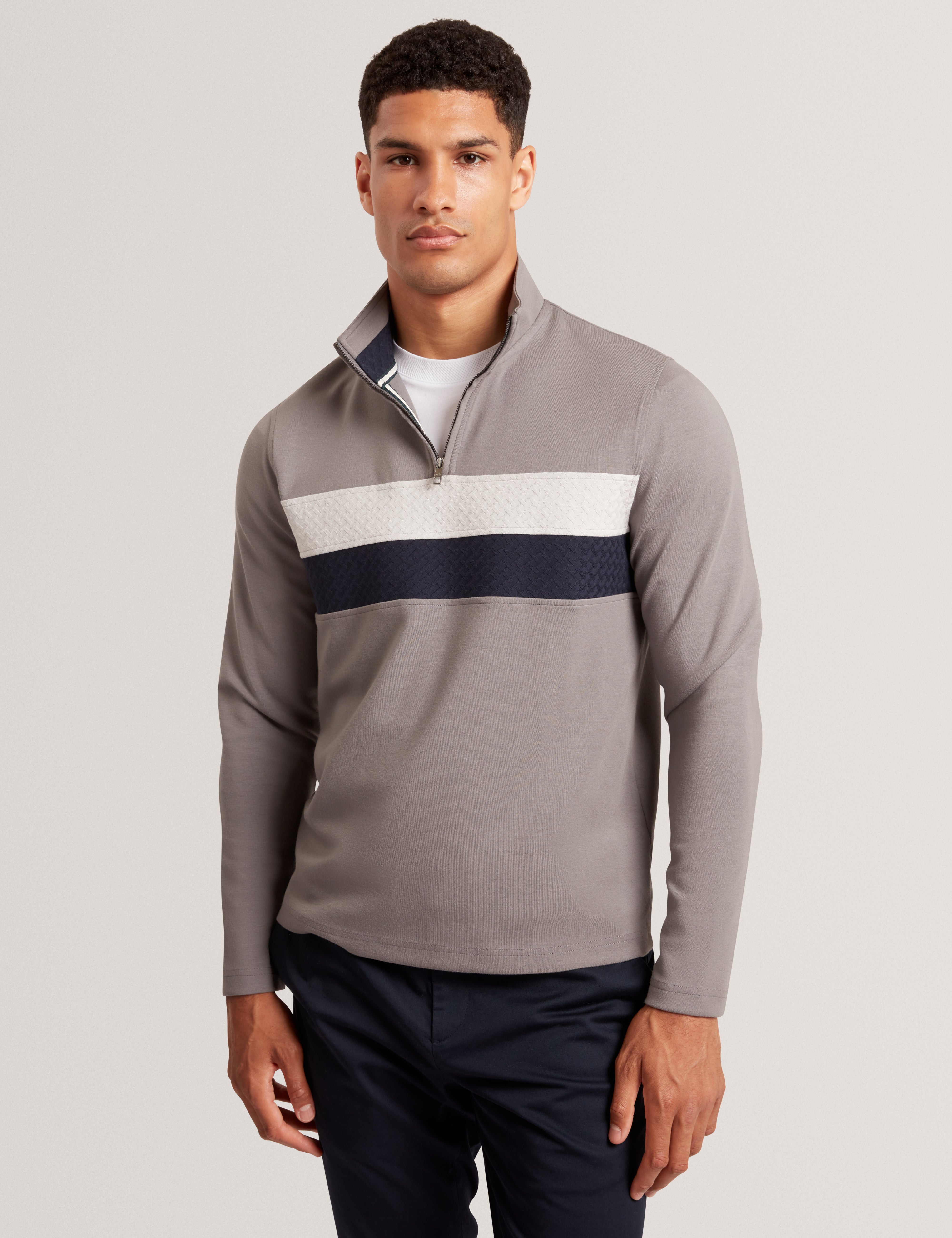 Viktoro T Stitch Contrast Panel Half-Zip Dk-Grey