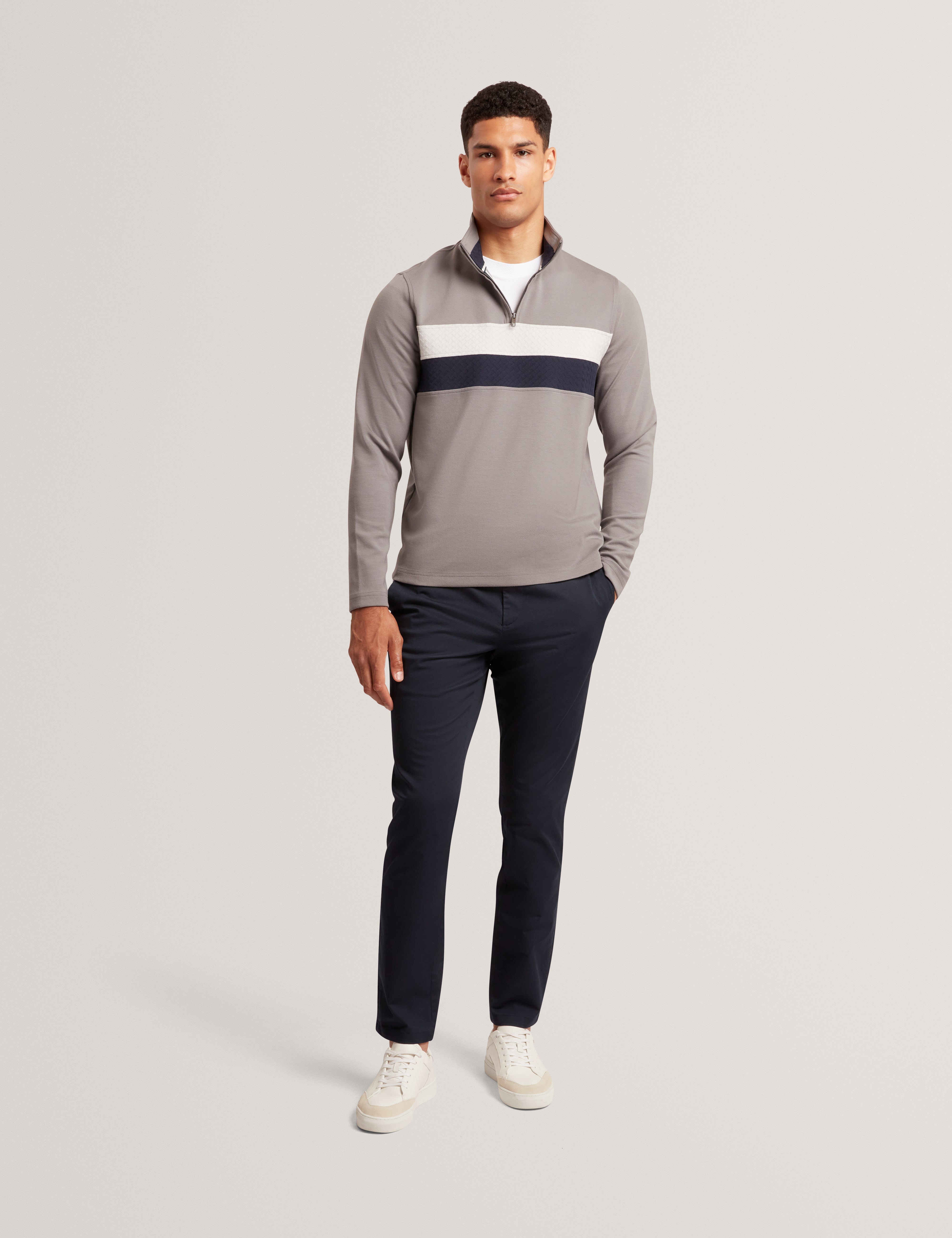Viktoro T Stitch Contrast Panel Half-Zip Dk-Grey