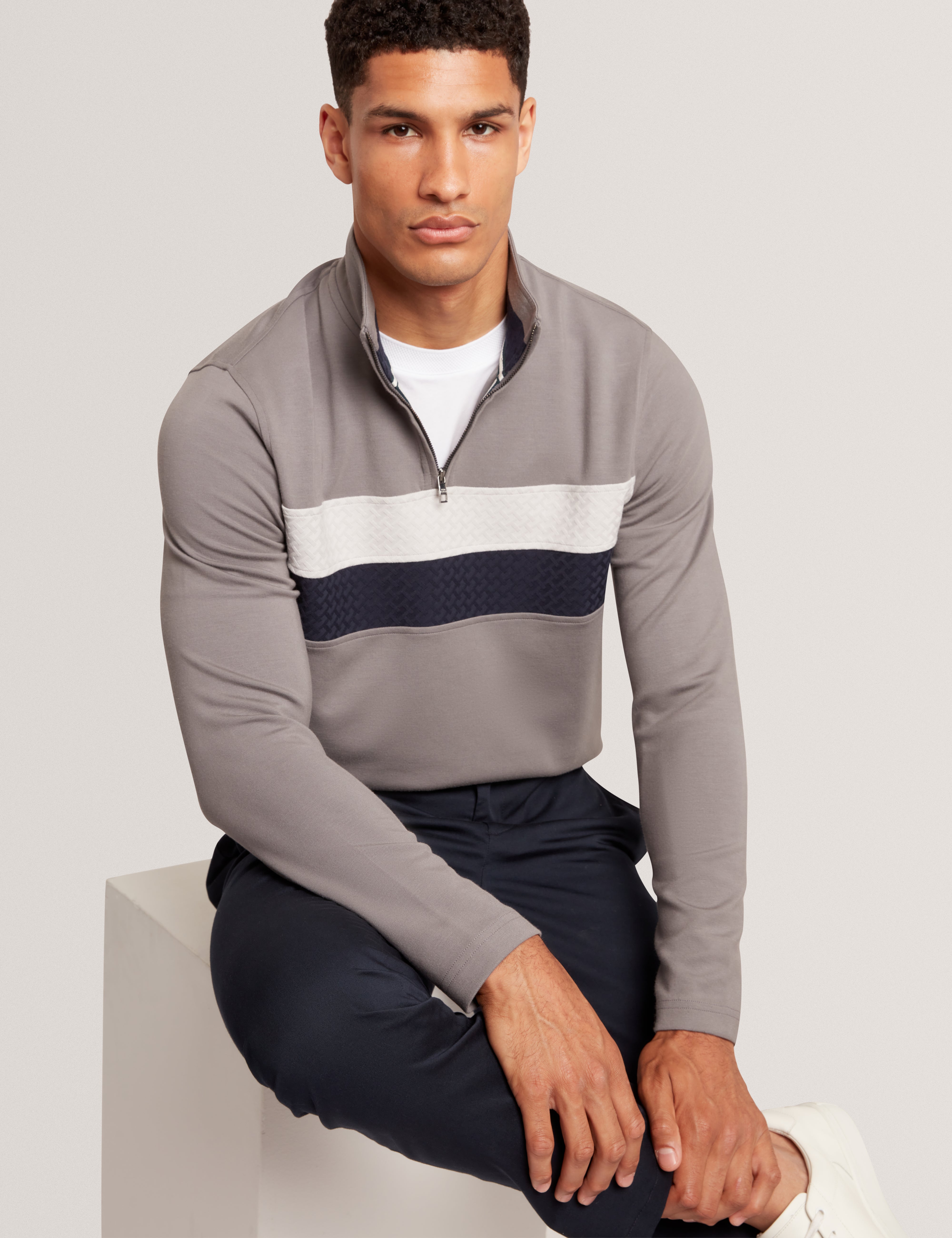 Viktoro T Stitch Contrast Panel Half-Zip Dk-Grey