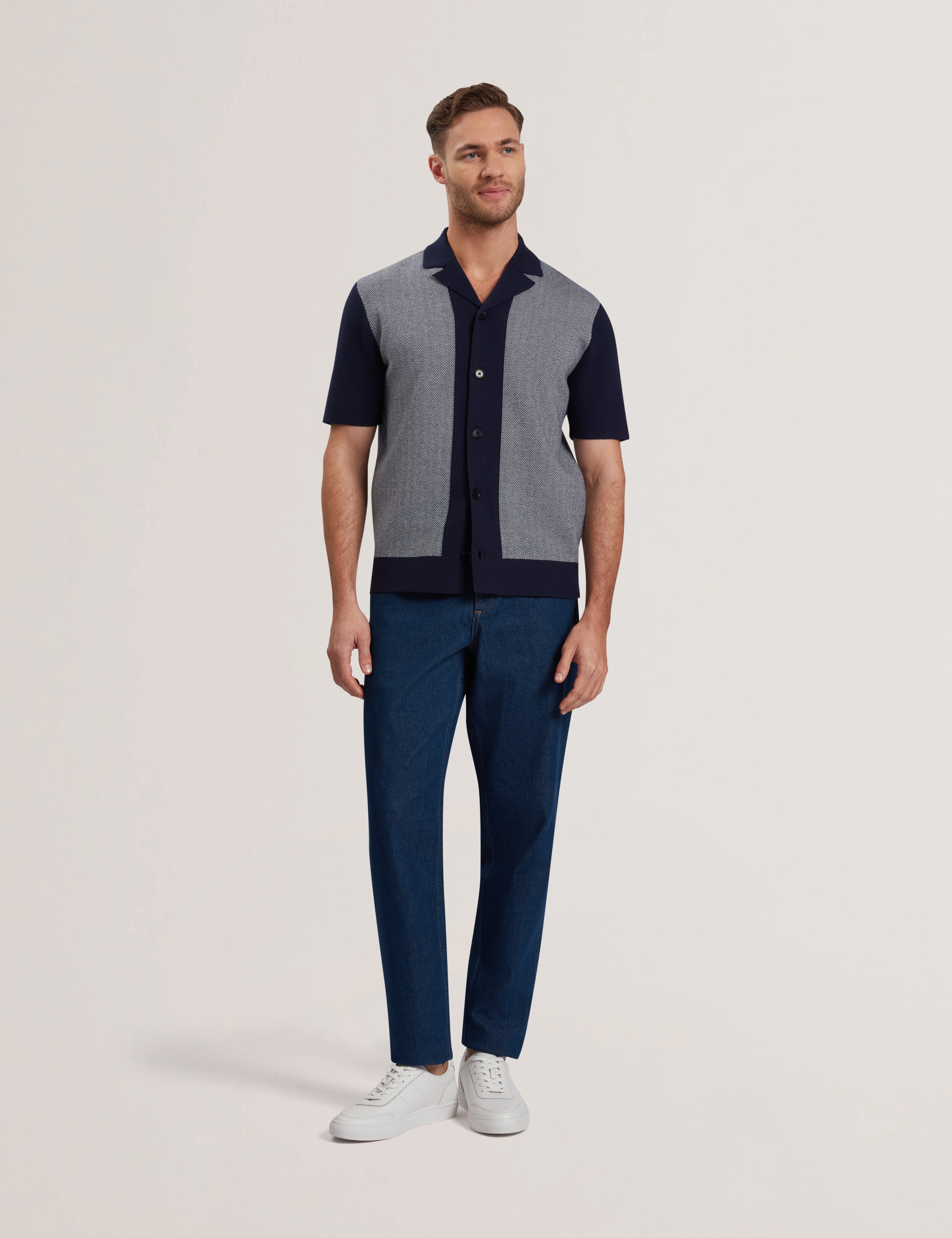 Padrig Short Sleeve Knitted Herring Bone Shirt Navy