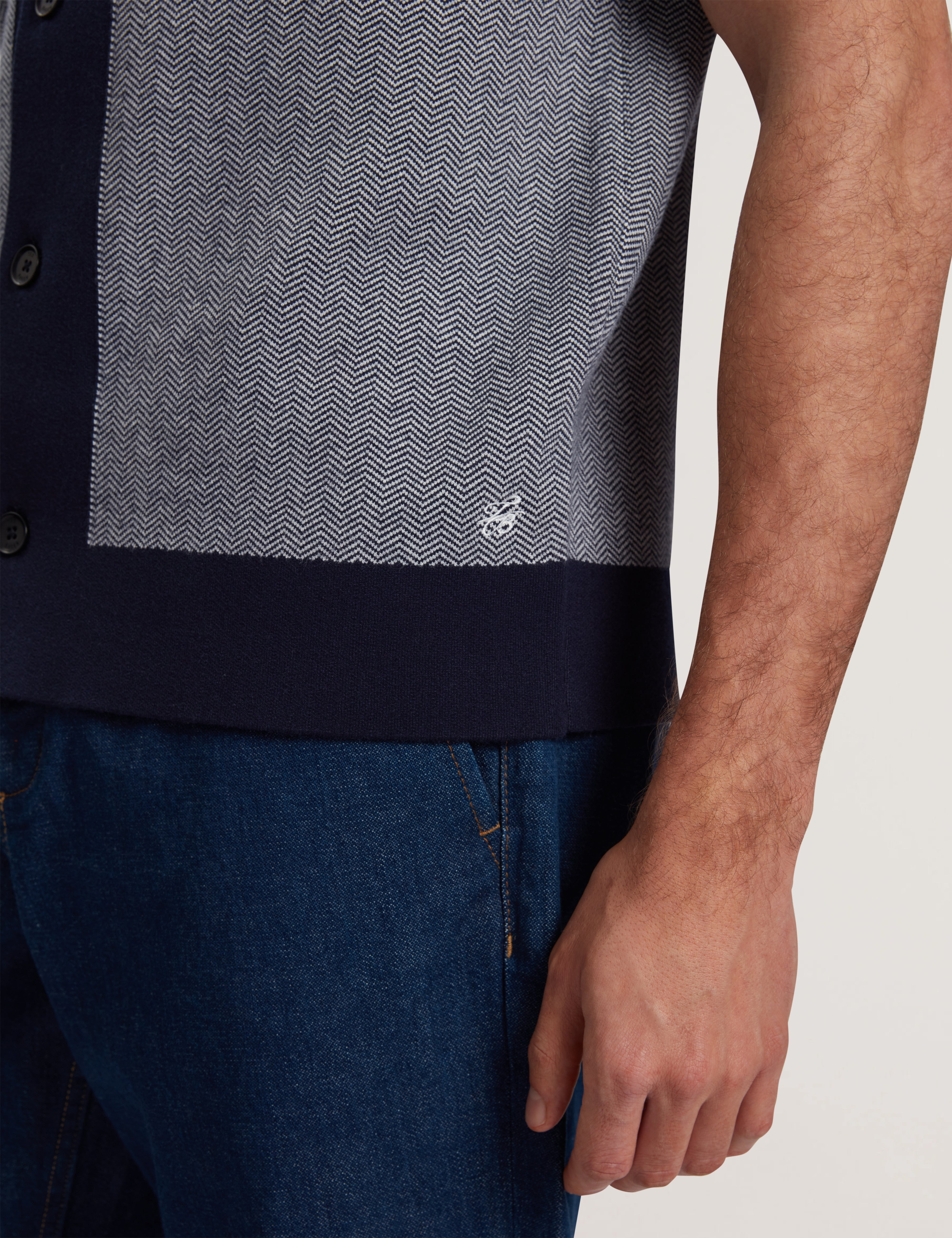 Padrig Short Sleeve Knitted Herring Bone Shirt Navy