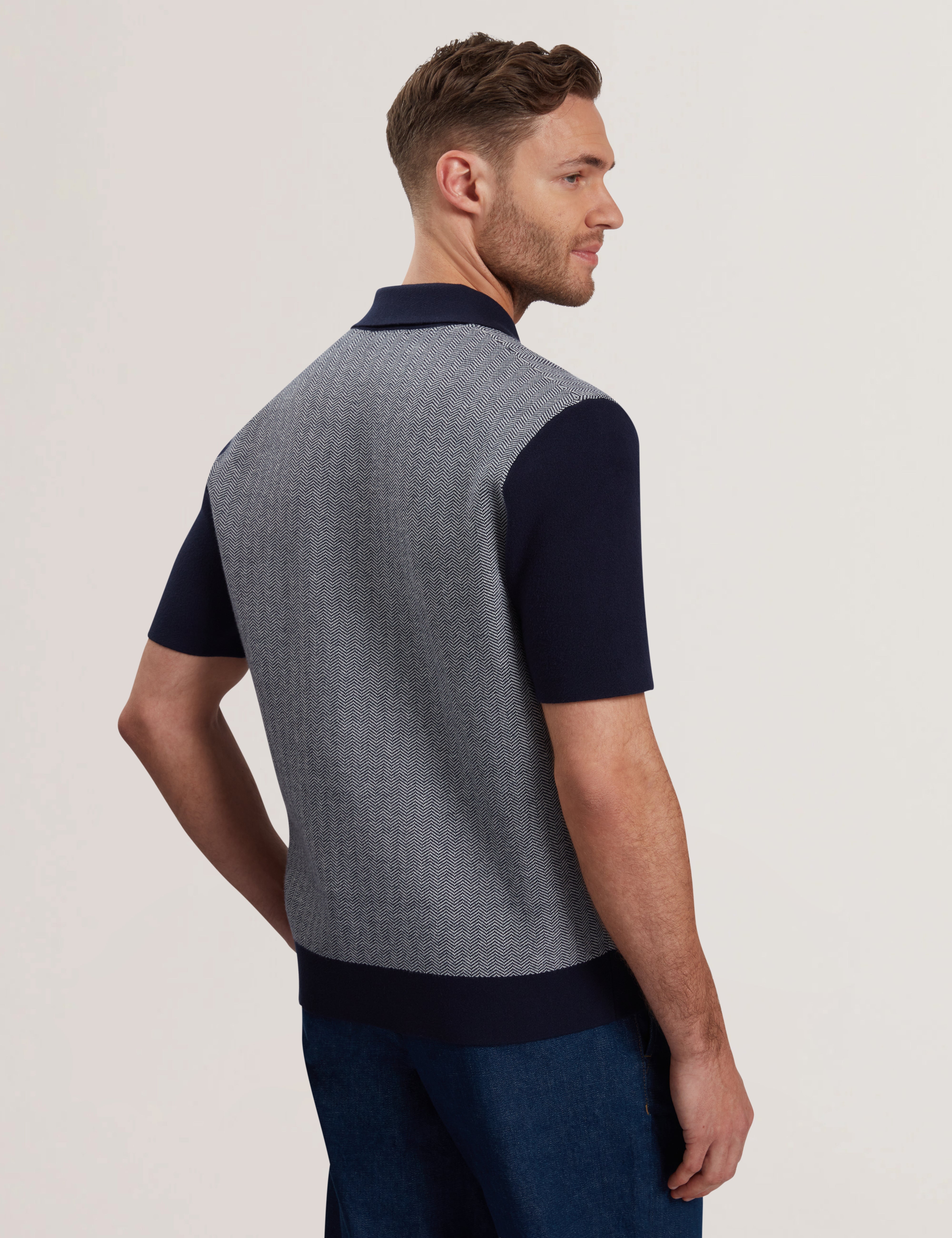 Padrig Short Sleeve Knitted Herring Bone Shirt Navy