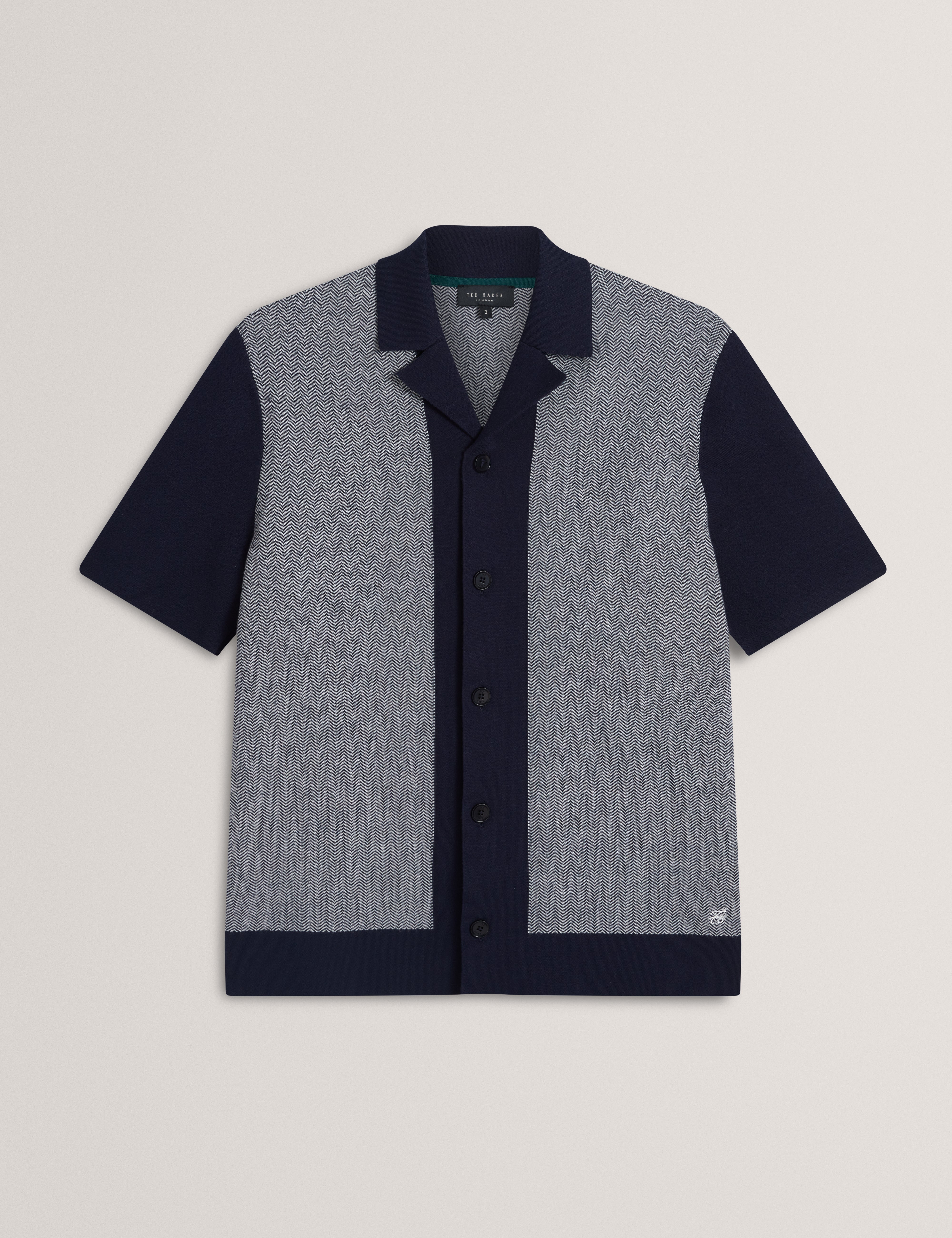Padrig Short Sleeve Knitted Herring Bone Shirt Navy